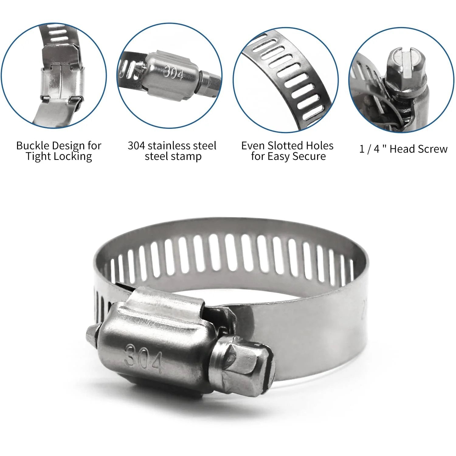 Heavy Duty 25 Pack Stainless Steel Hose Clamps, 1 Quarter to 1 Half Inch Worm Gear Metal Clamps showing buckle design and slots
