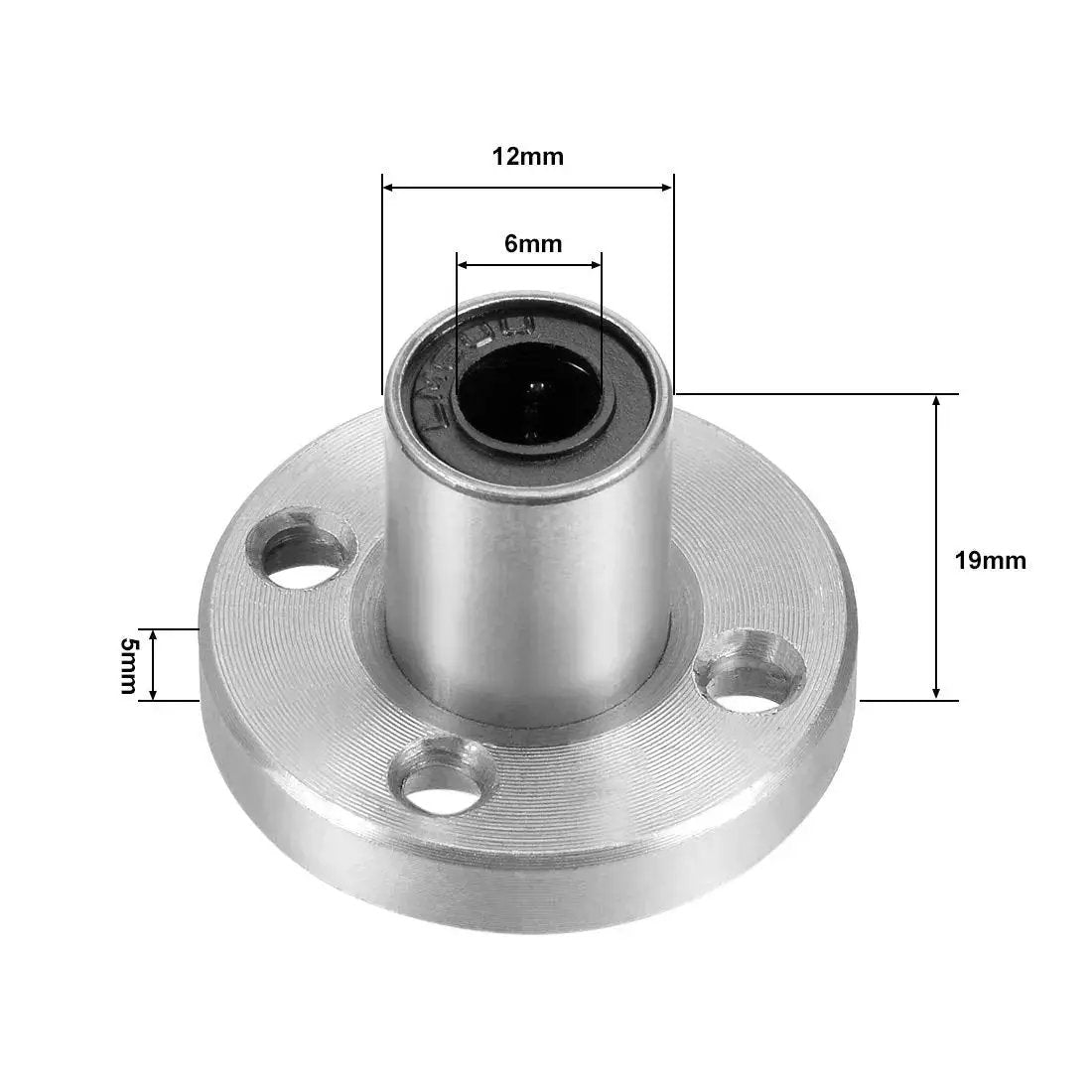 Round Flange Linear Ball Bearings Set for Smooth Motion LM6UU 6mm Bore 12mm OD 19mm Length, front view showing sealed ends and measurements.