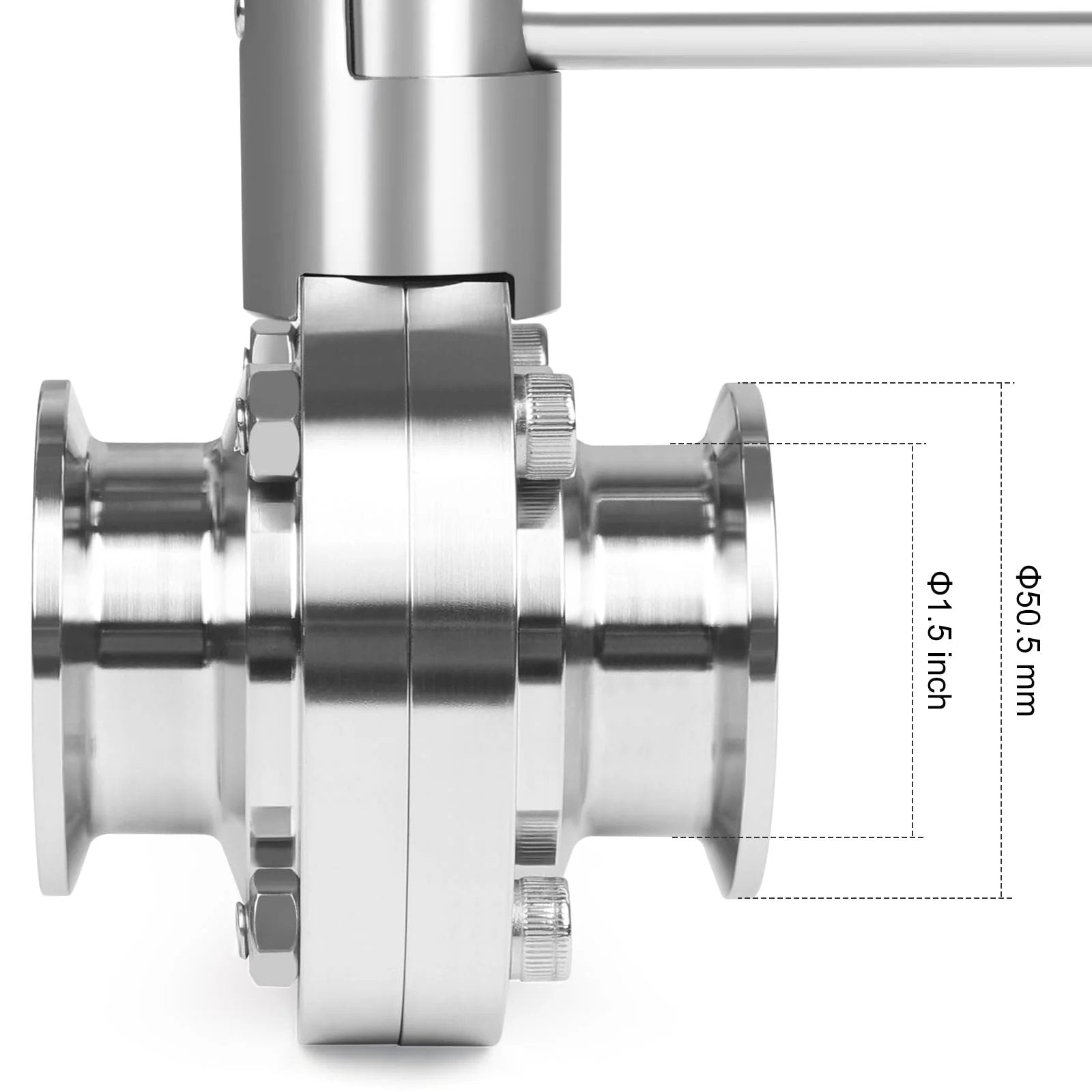 Side view of Sanitary 1.5 Inch Butterfly Valve With Pull Handle Tri Clamp Pro Grade Stainless Steel 304 showing dimensions