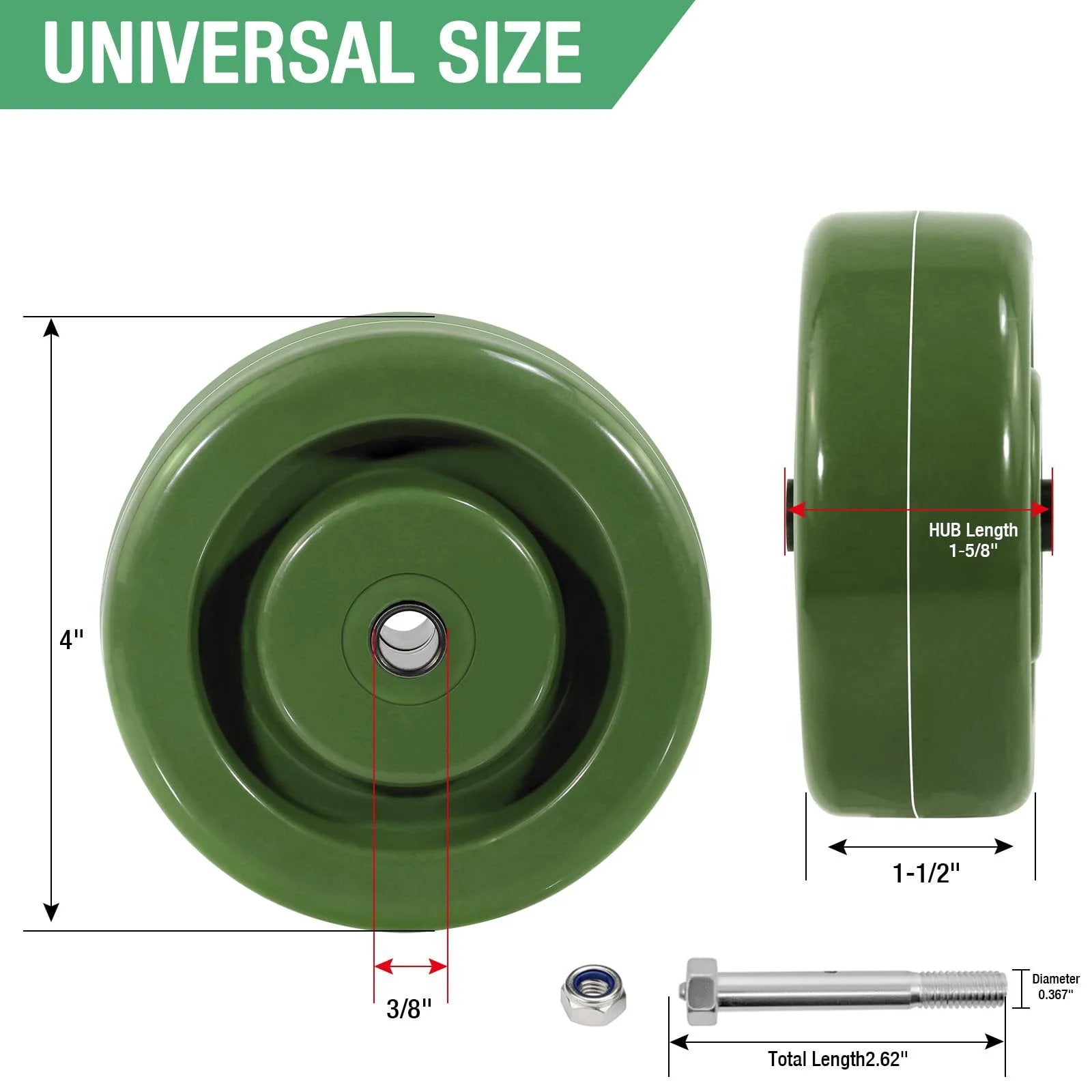 Heavy Duty Oven Rack Caster Wheels 4x1.5 Inch High Temperature Epoxy Resin Wheels Set Of 4 Replacement With 2800 Lb Capacity -40F To 525F Galvanized Steel Yokes HANDSAMMU For Ovens And Dryers, side view with measurements.