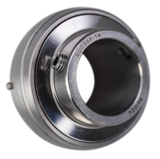 1 Inch Stainless Steel Insert Bearing With Locking Set Screws MUC205-16 SUC205-16 Greaseable 440C Wide Inner Race 52mm Spherical Outer Race Food Grade Grease