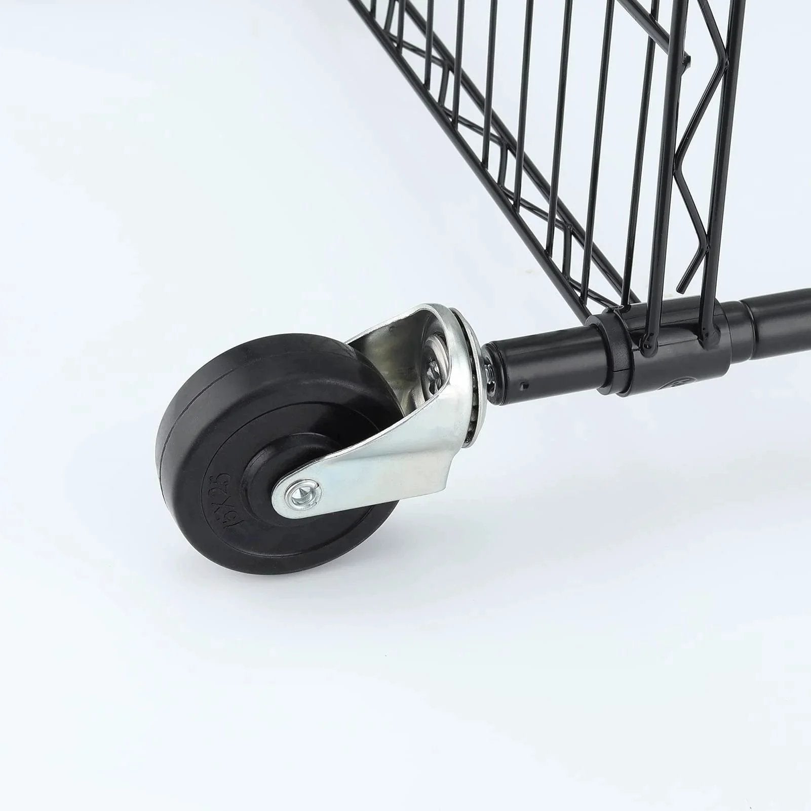 Two Inch Heavy Duty Caster Set Of Four With Rubber Stem Wheels For Wire Shelving attached to a wire shelf, showing single wheel