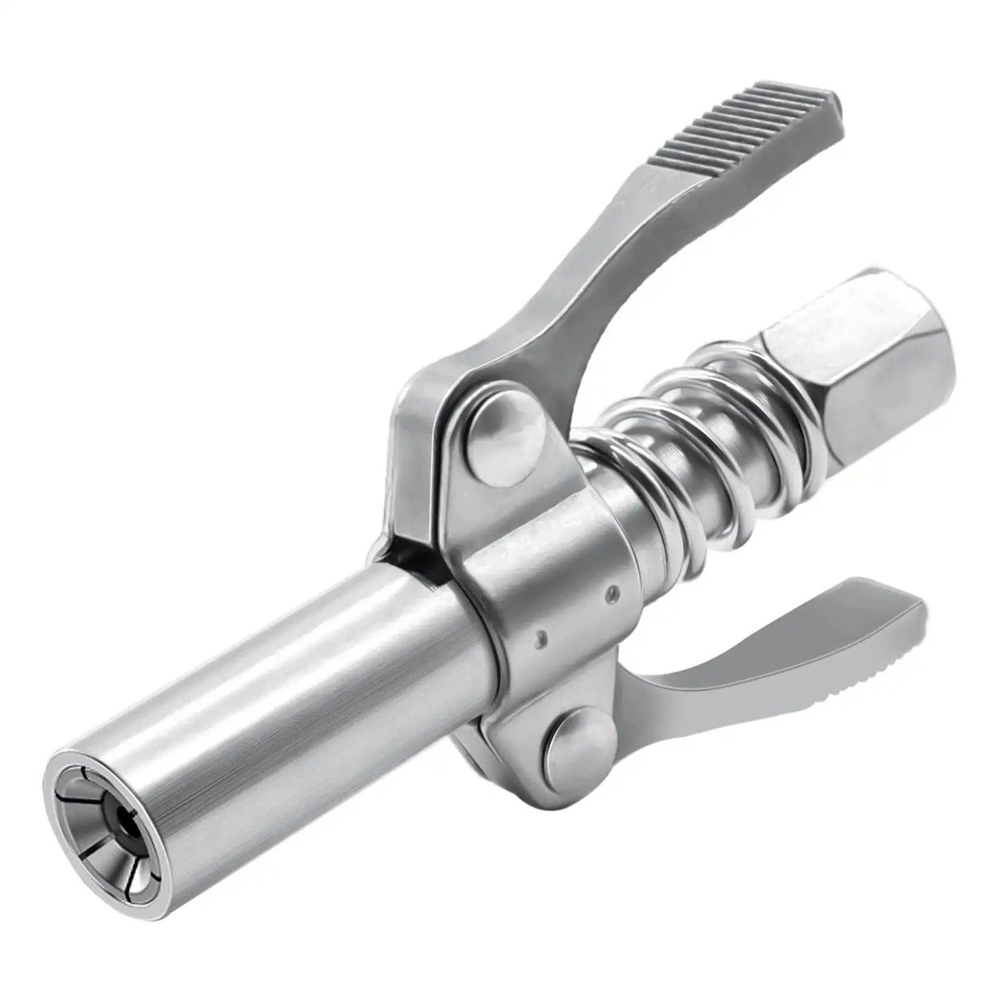 Grease Gun Coupler With Double Handle Quick Lock Release, Six Jaw Design For A Beefy No Slip Seal, Ten Thousand PSI Rated, Zinc Coated