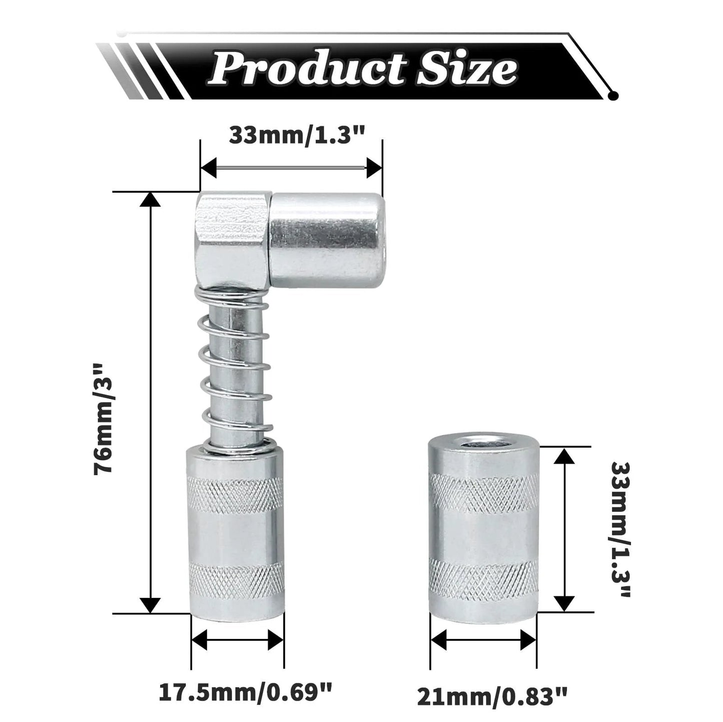 90 Degree Grease Coupler Gun Adapter For Hard To Reach Fittings, showing dimensions and metal build, side view