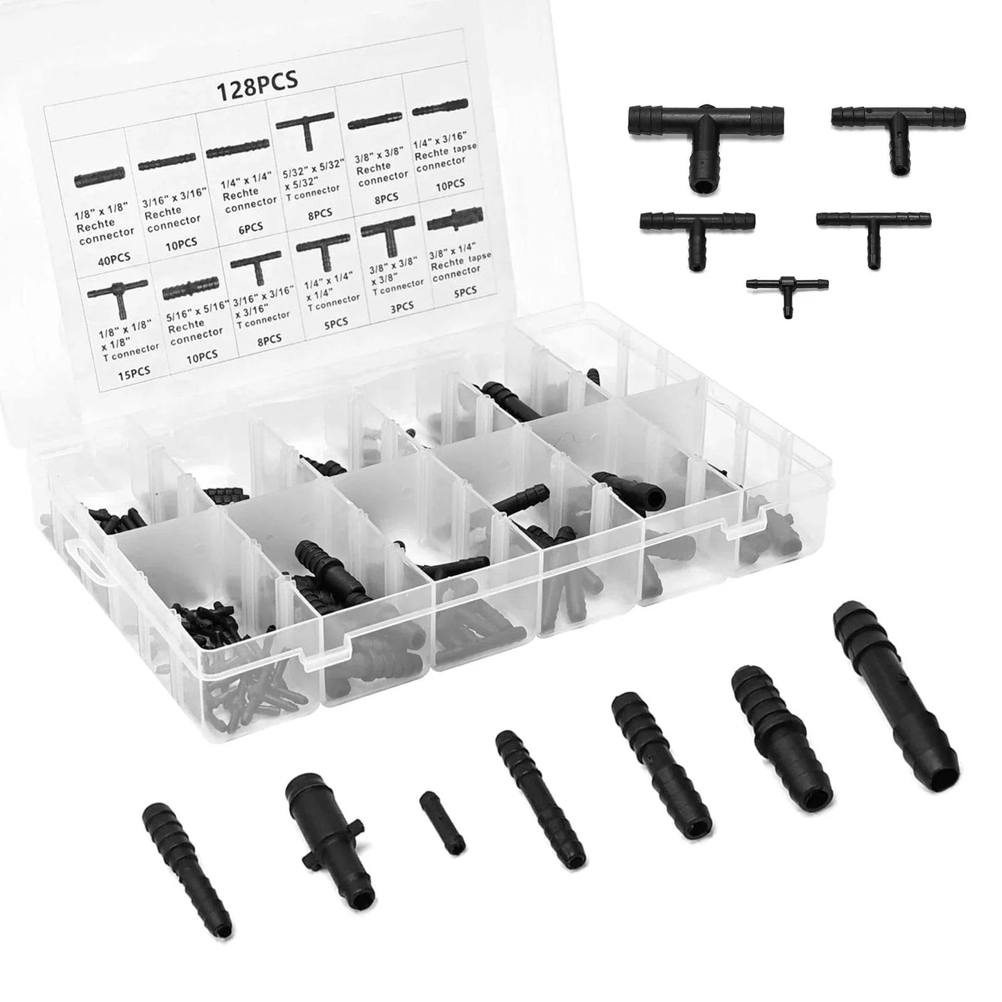 All In One Vacuum Hose Connector Kit for Automotive Tools, 128 Piece Nylon Tee And Barbed Quick Connect Fittings in open case