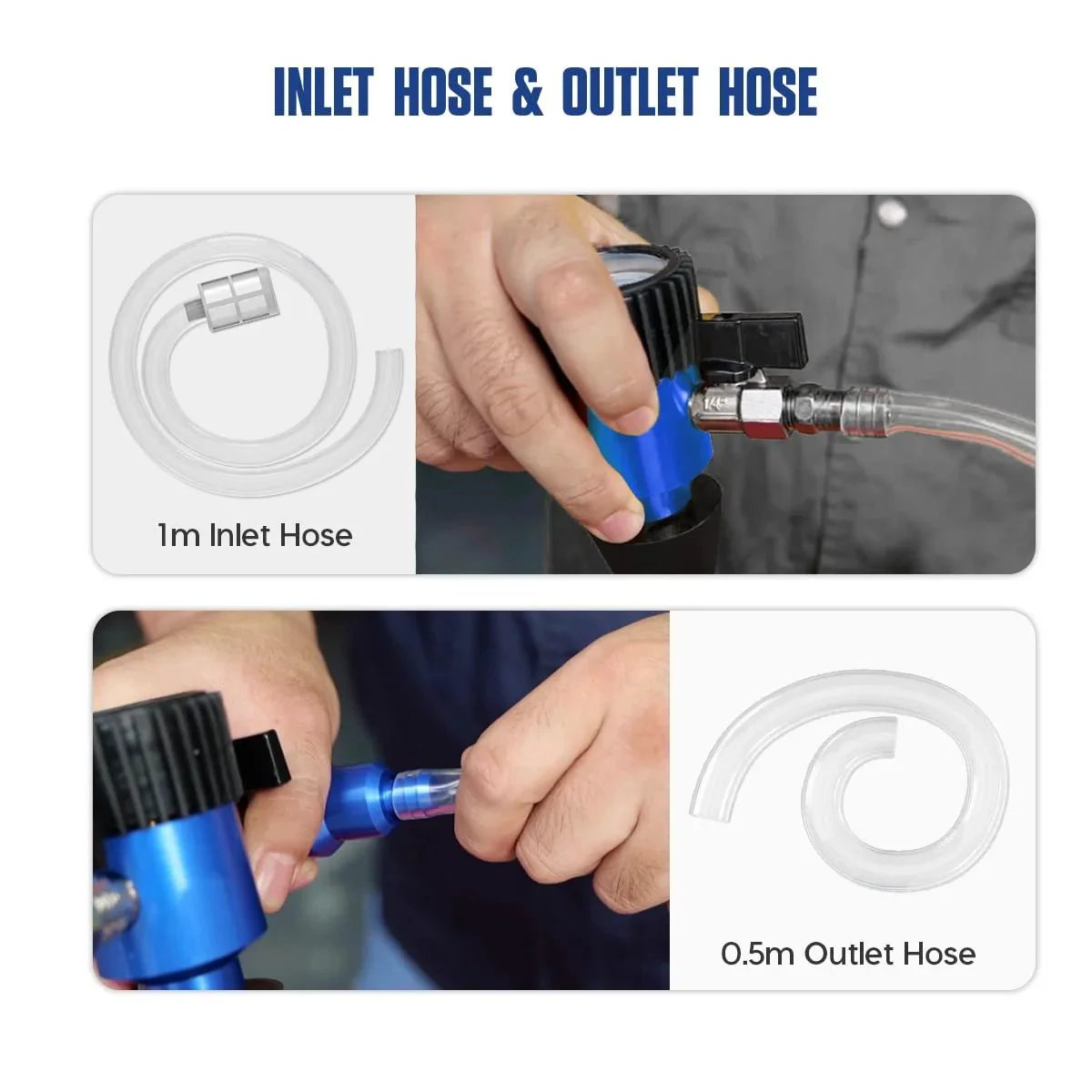 Coolant Refill Kit For Car Cooling System With Pressure Gauge Tester And 3 Size Adapters Easy Leaks Detection Quick Coolant Change MR CARTOOL Compatible featuring inlet and outlet hoses, close-up view.