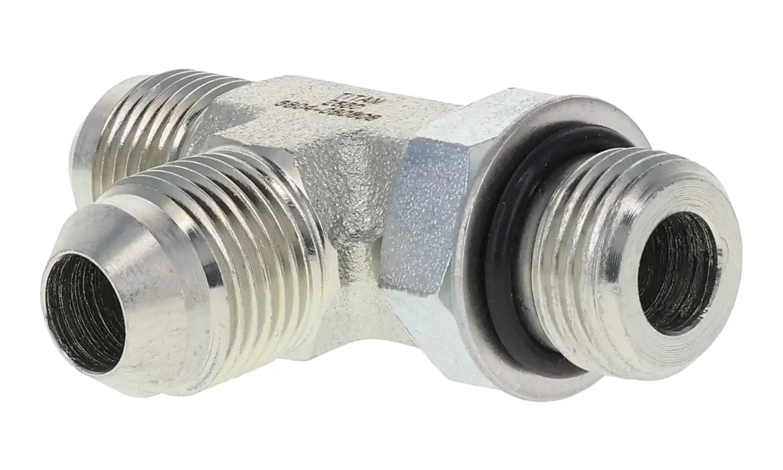 Run Tee Hydraulic Fittings Three Port One Quarter Inch Male JIC One Quarter Inch ORB Carbon Steel Zinc Trivalent Coating