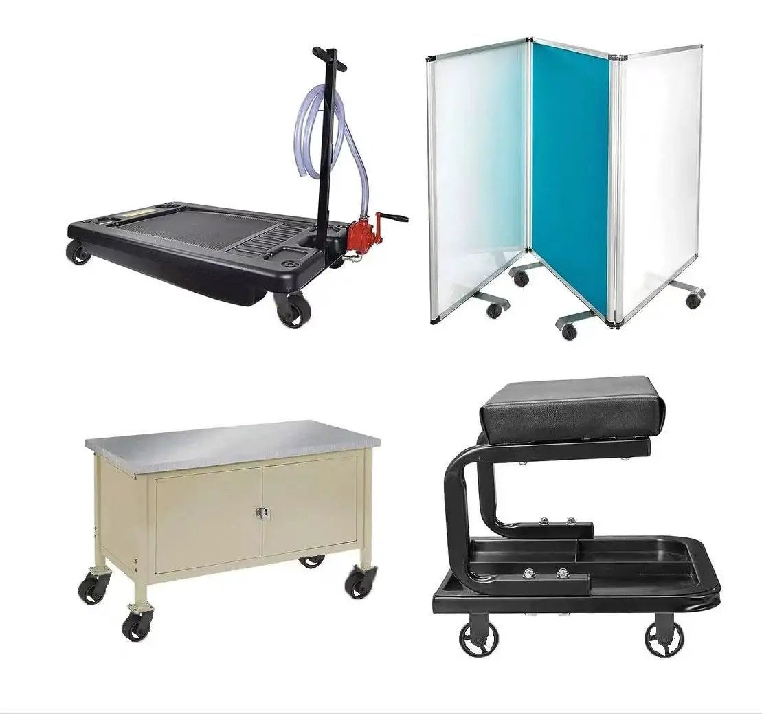 Diverse tools and equipment on casters, including carts and benches, illustrating mobility and utility in industrial settings.