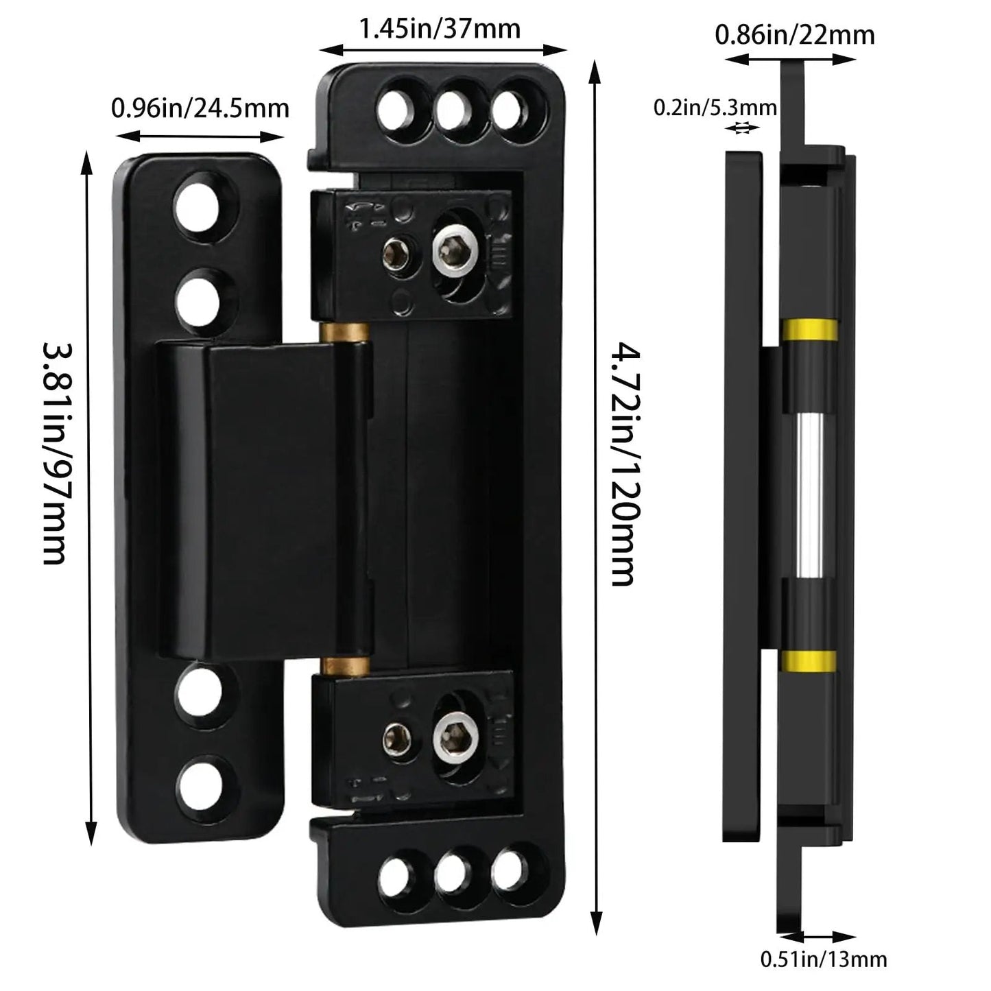 Ultra Thin Hidden Door Hinges 2 Pack Next Level Adjustable Concealed Butt Hinges For Secret Doors 110 Lb Load Bearing Beefy Heavy Duty Black Zinc Alloy Hinges With Two Way Adjustment Easy Shallow Groove Install Door Friendly, shown in detailed measurement view.