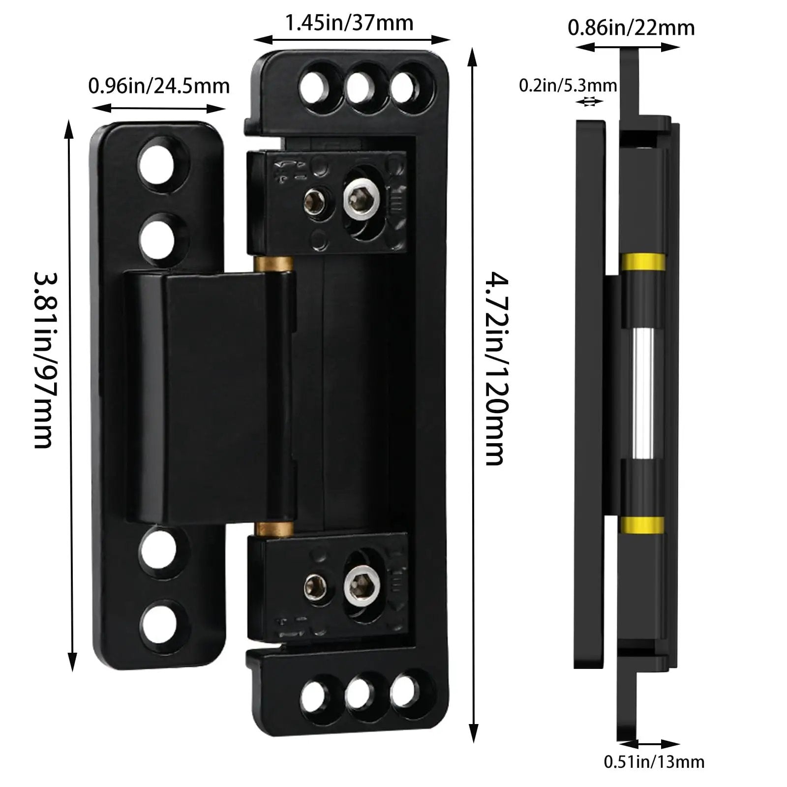 Ultra Thin Hidden Door Hinges 2 Pack Next Level Adjustable Concealed Butt Hinges For Secret Doors 110 Lb Load Bearing Beefy Heavy Duty Black Zinc Alloy Hinges With Two Way Adjustment Easy Shallow Groove Install Door Friendly, shown in detailed measurement view.