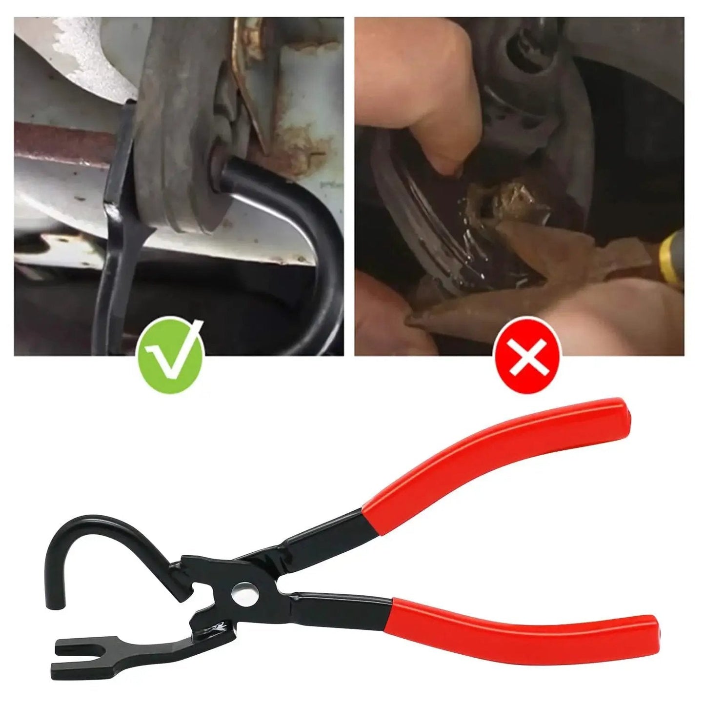 Exhaust Hanger Removal Tool Pliers Compatible With All Exhaust Hangers, showing red-handled pliers in automotive use.