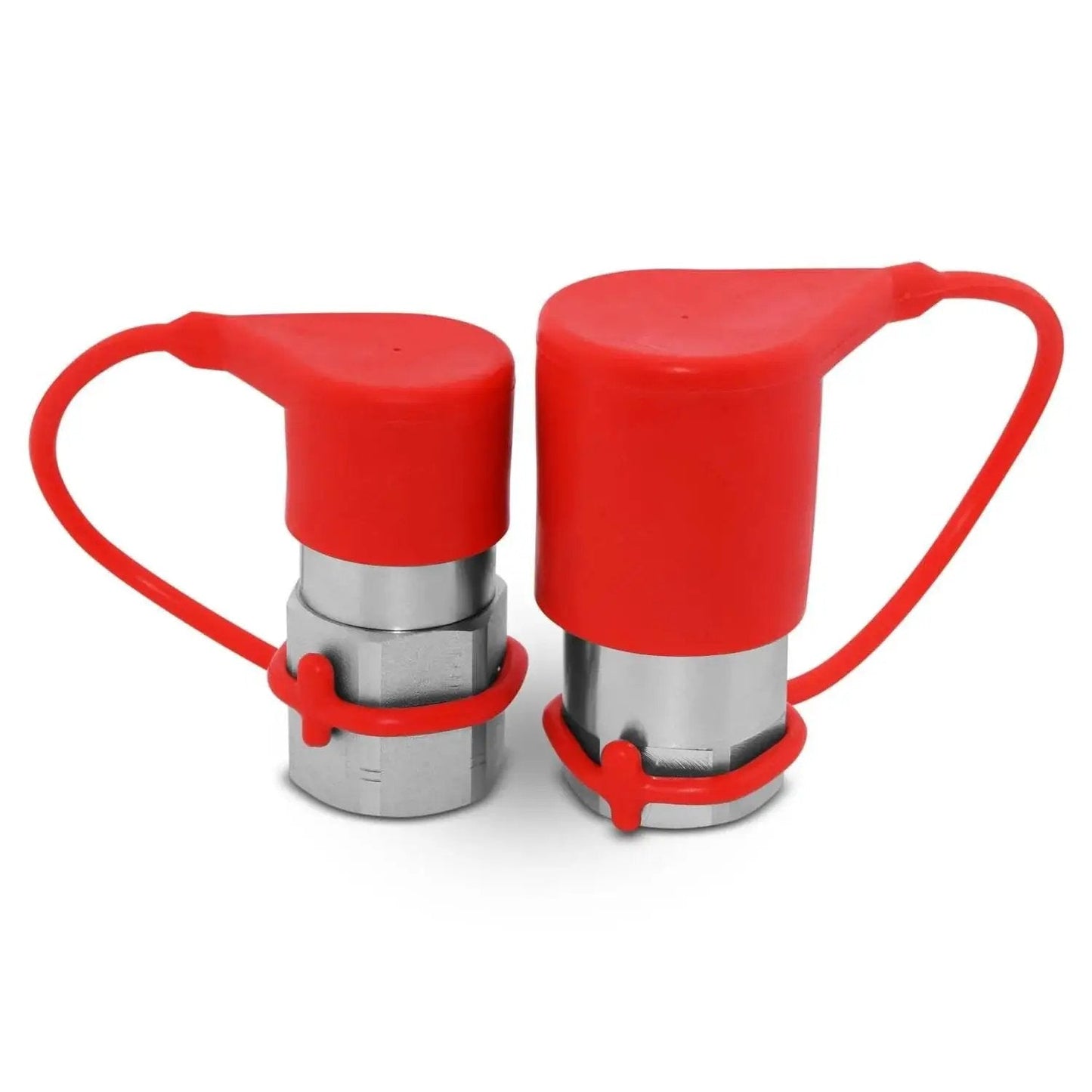 Flat Face High Flow Skid Steer Hydraulic Quick Connect Couplers Set Three Quarter Inch Body SAE Three Quarter Inch Thread Twelve ORB ISO 16028 Interchangeable With Dust Caps shown with red protective caps.