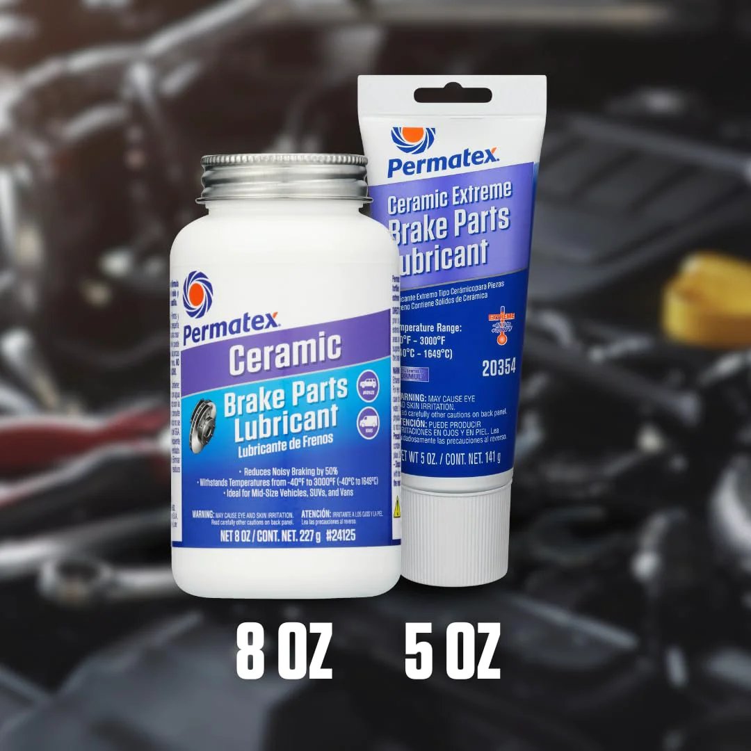 Permatex Ceramic Extreme Brake Parts Lubricant 8 oz and 5 oz tubes in front of vehicle components.