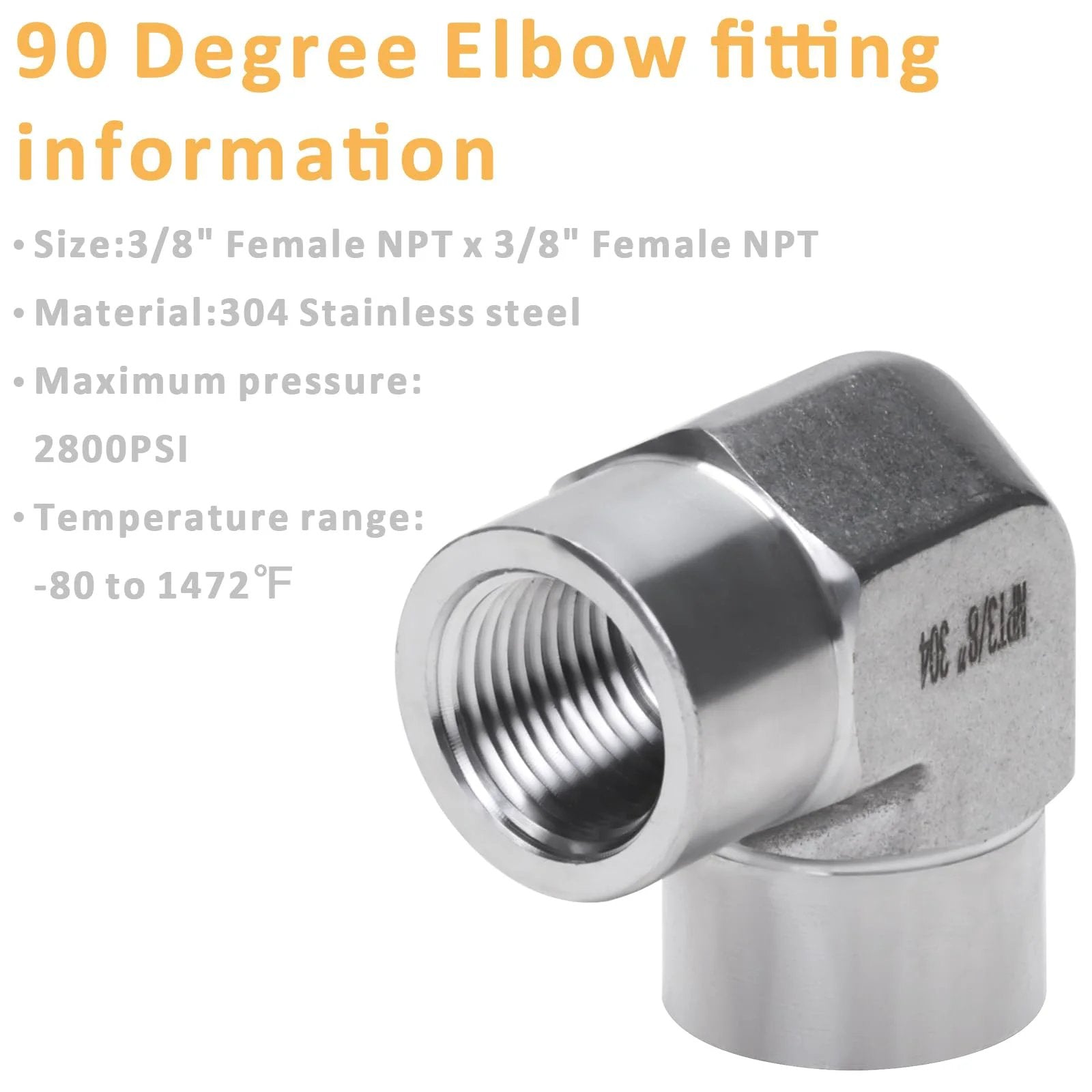 Stainless Steel 304 3/8 NPT Female to 3/8 NPT Female 90 Degree Street Elbow Fittings Pack of 2, heavy duty, corrosion resistant
