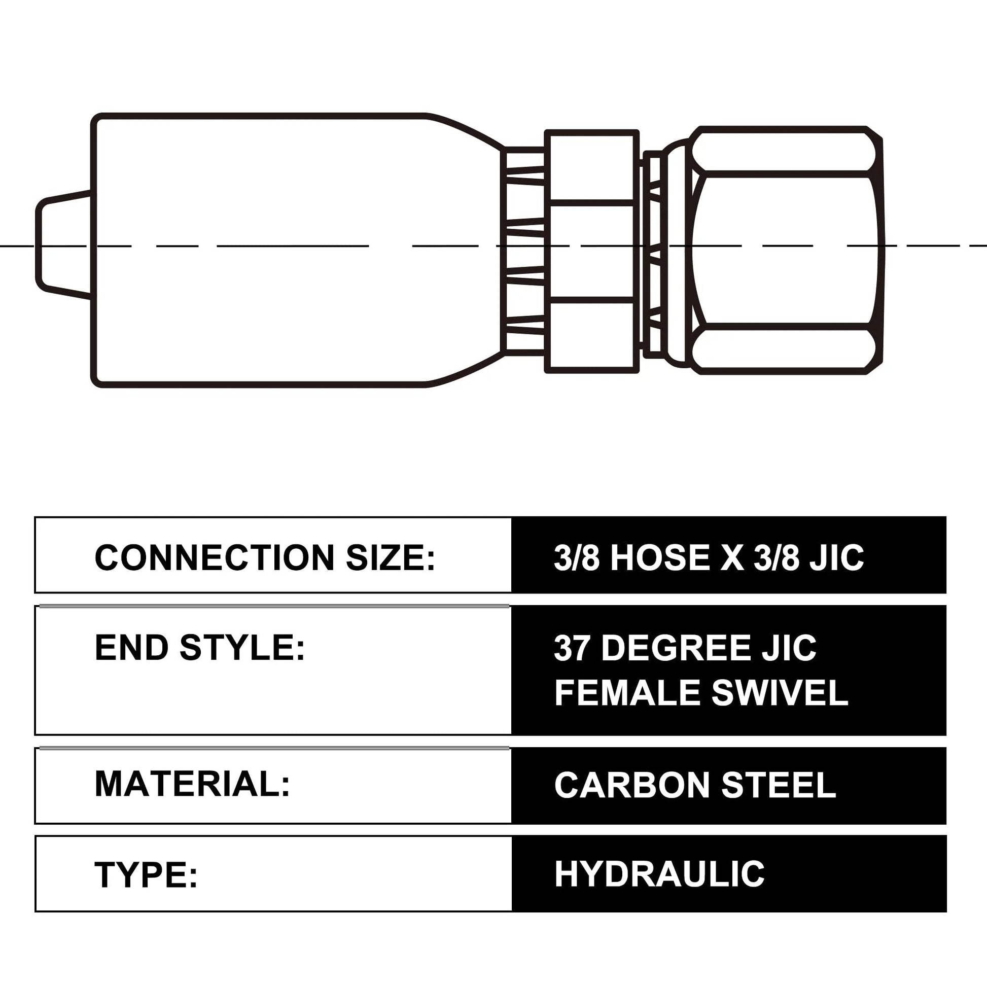 Three Eighths Hydraulic Hose Fittings Set With Three Eighths Inch Female JIC 37 Degree Swivel Crimp Fittings Ten Piece