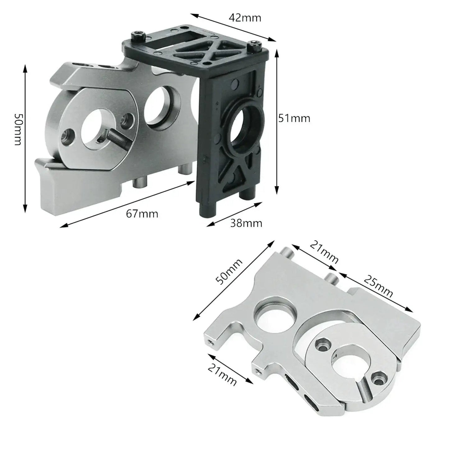 Brushless Motor Mounting Holder For One Eighth RC Car Tmaxx Conversion Kit showing dimensions and aluminum material