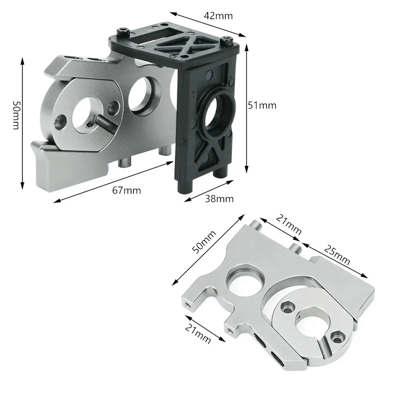 Brushless Motor Mounting Holder For One Eighth RC Car Tmaxx Conversion Kit showing dimensions and aluminum material