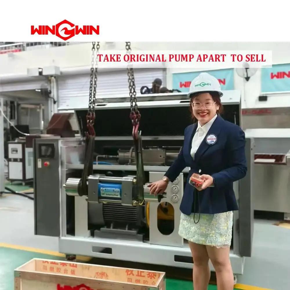 Woman standing beside waterjet pump machine with labeling "Take original pump apart to sell" in industrial setting.