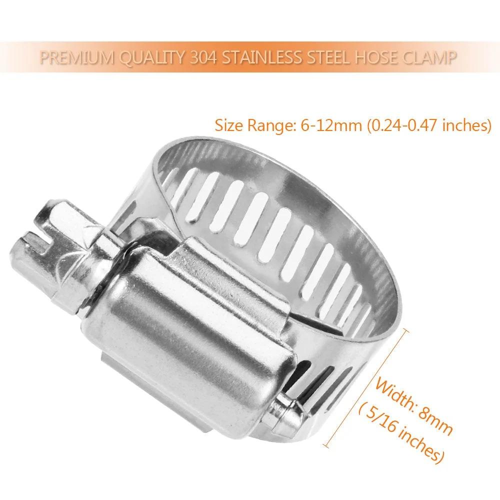 Close-up of Stainless Steel Hose Clamps Pack Of 20 Adjustable 6 To 12mm Size Range Worm Gear Fuel Line Clamp for plumbing and automotive use.