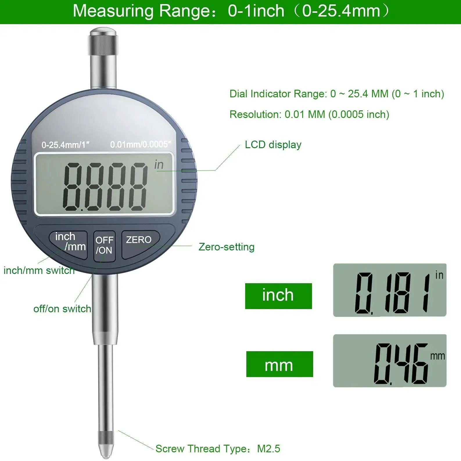 Pro Grade Digital Disc And Rotor Gauge From HDLNKAK showing 0-1 inch measurement, LCD display, and resolution of 0.0005 inch