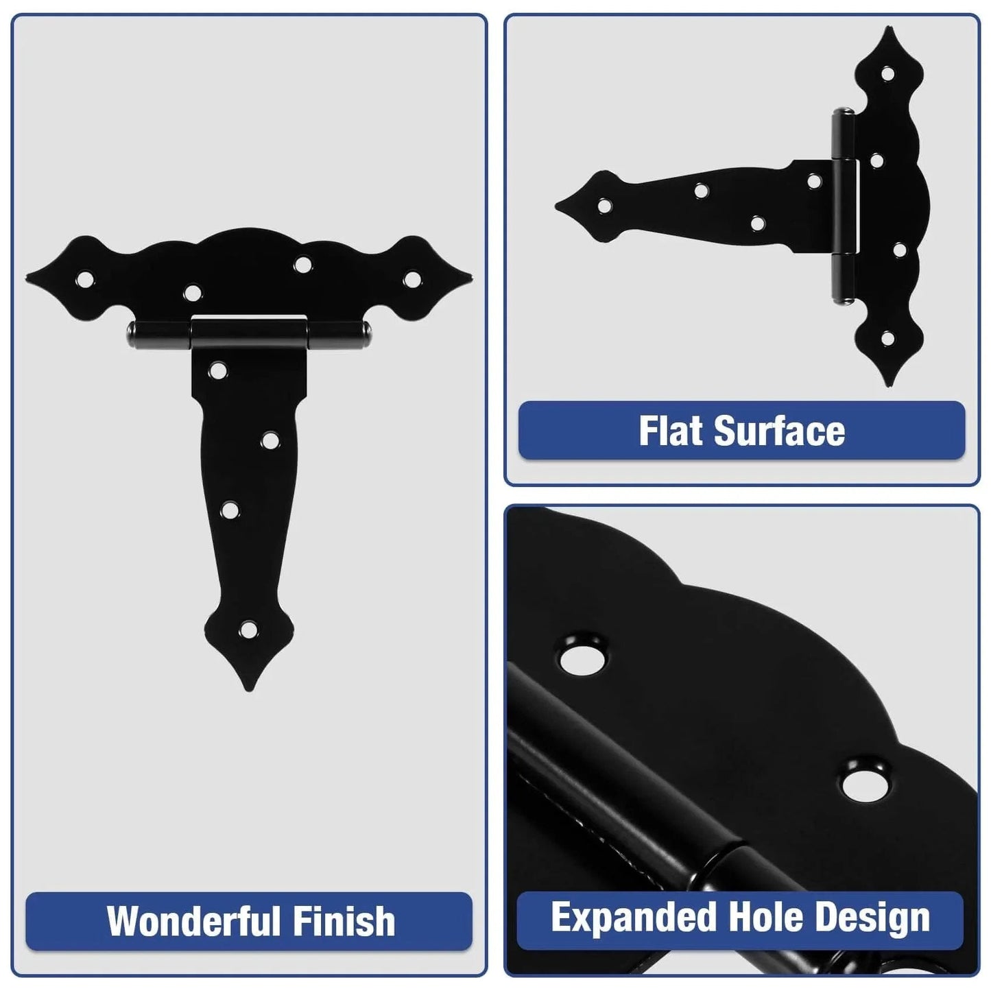 4 Pack Heavy Duty 6 Inch T Strap Gate Hinges 2mm Thick Universal Barn Shed Door Hardware detail views with black finish and hole design