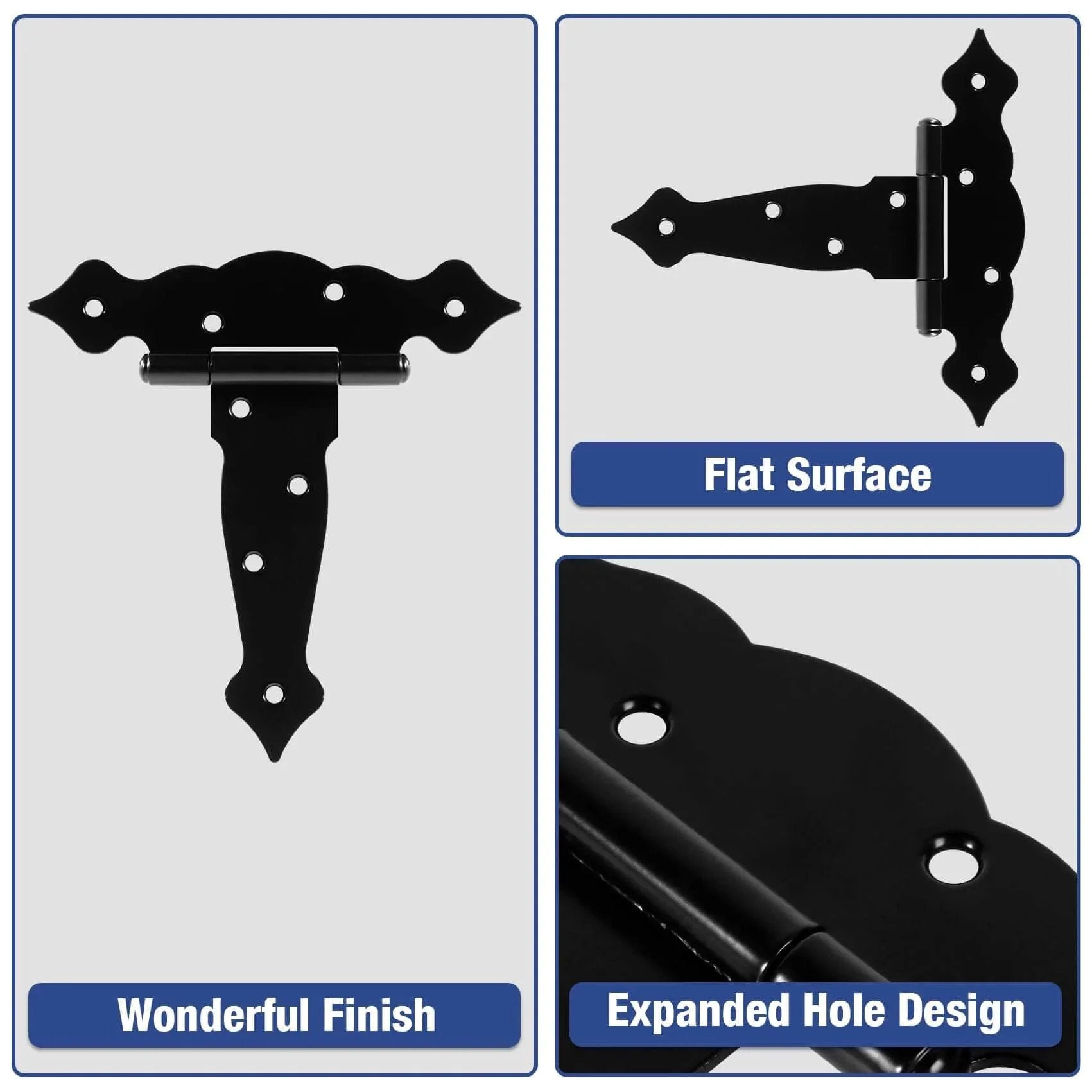4 Pack Heavy Duty 6 Inch T Strap Gate Hinges 2mm Thick Universal Barn Shed Door Hardware detail views with black finish and hole design