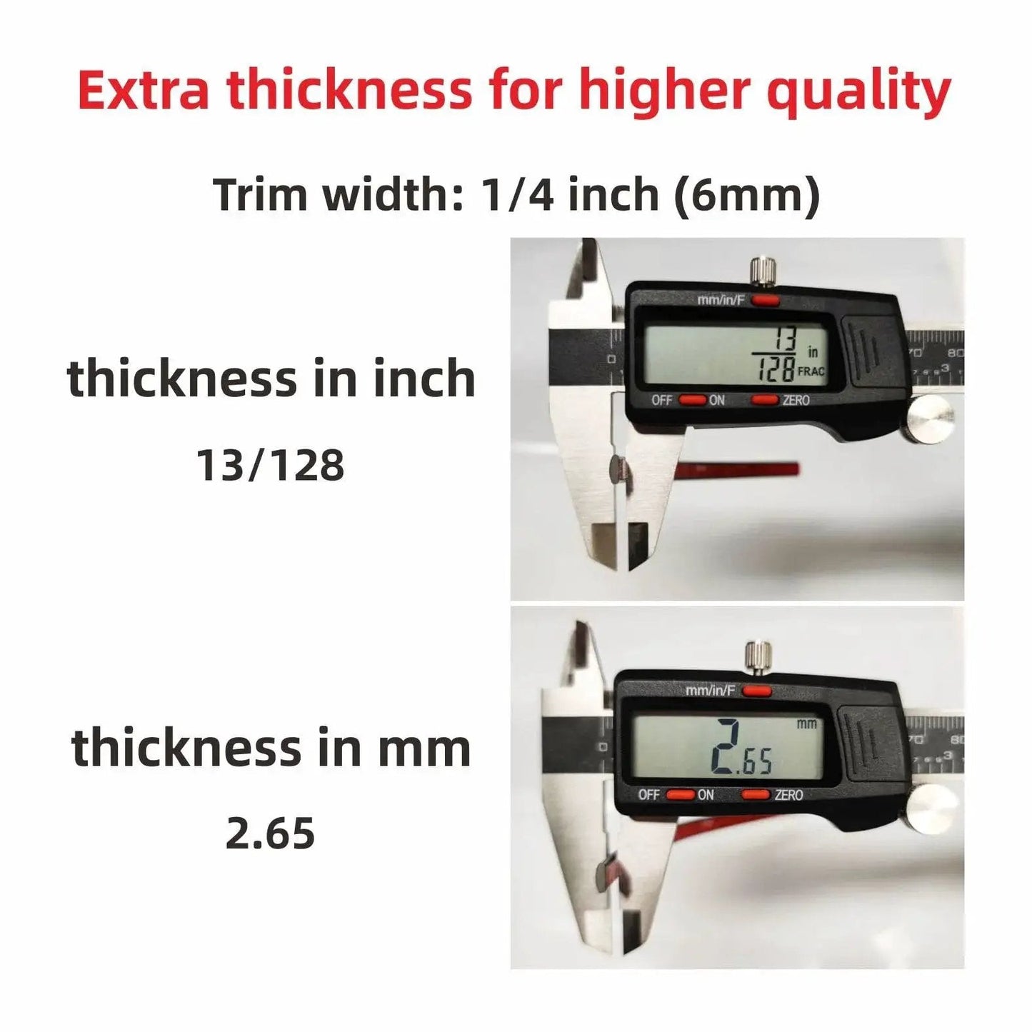 Digital caliper measuring Universal Car Exterior And Interior Molding Trim Self Adhesive PVC Strip thickness in inches and mm.