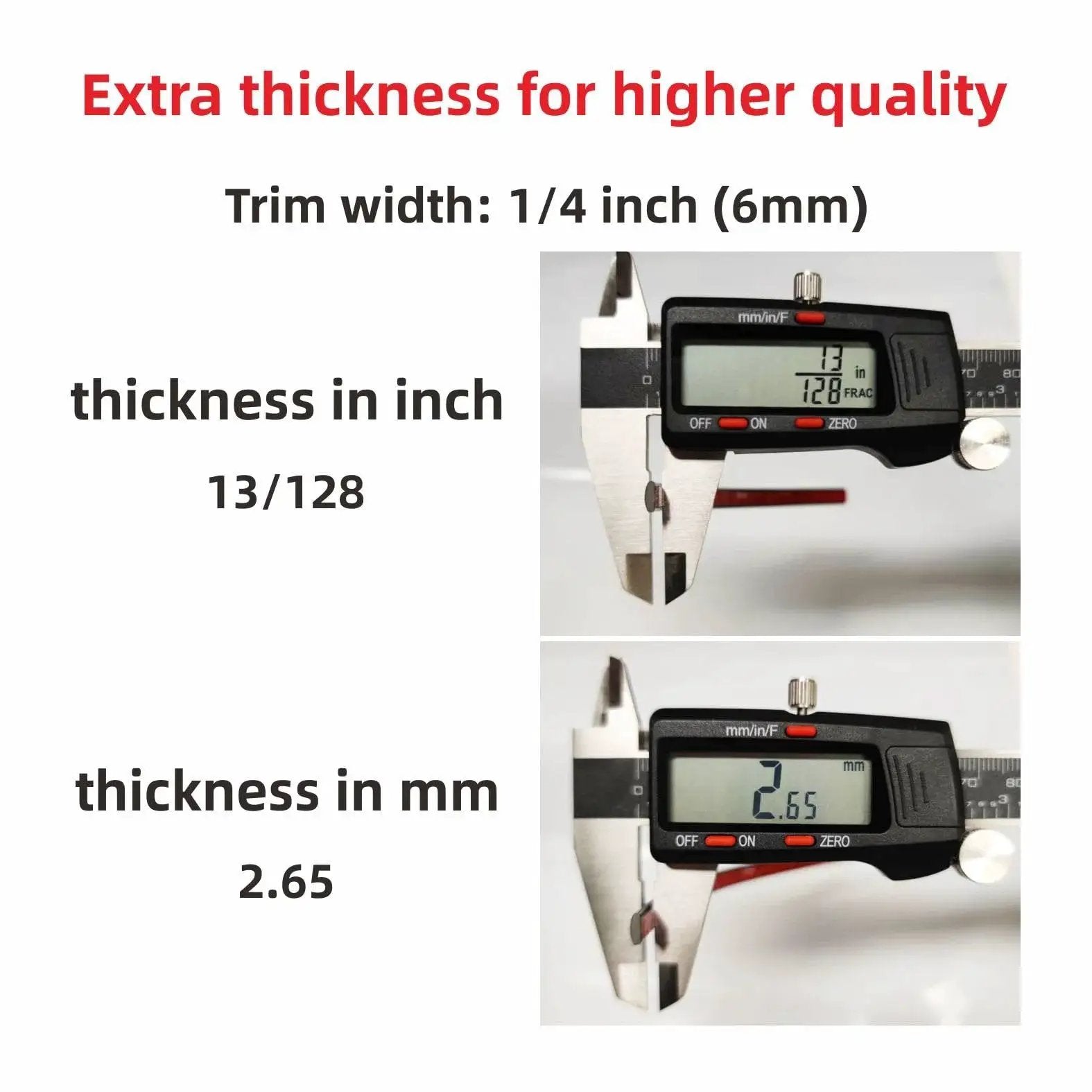 Digital caliper measuring Universal Car Exterior And Interior Molding Trim Self Adhesive PVC Strip thickness in inches and mm.