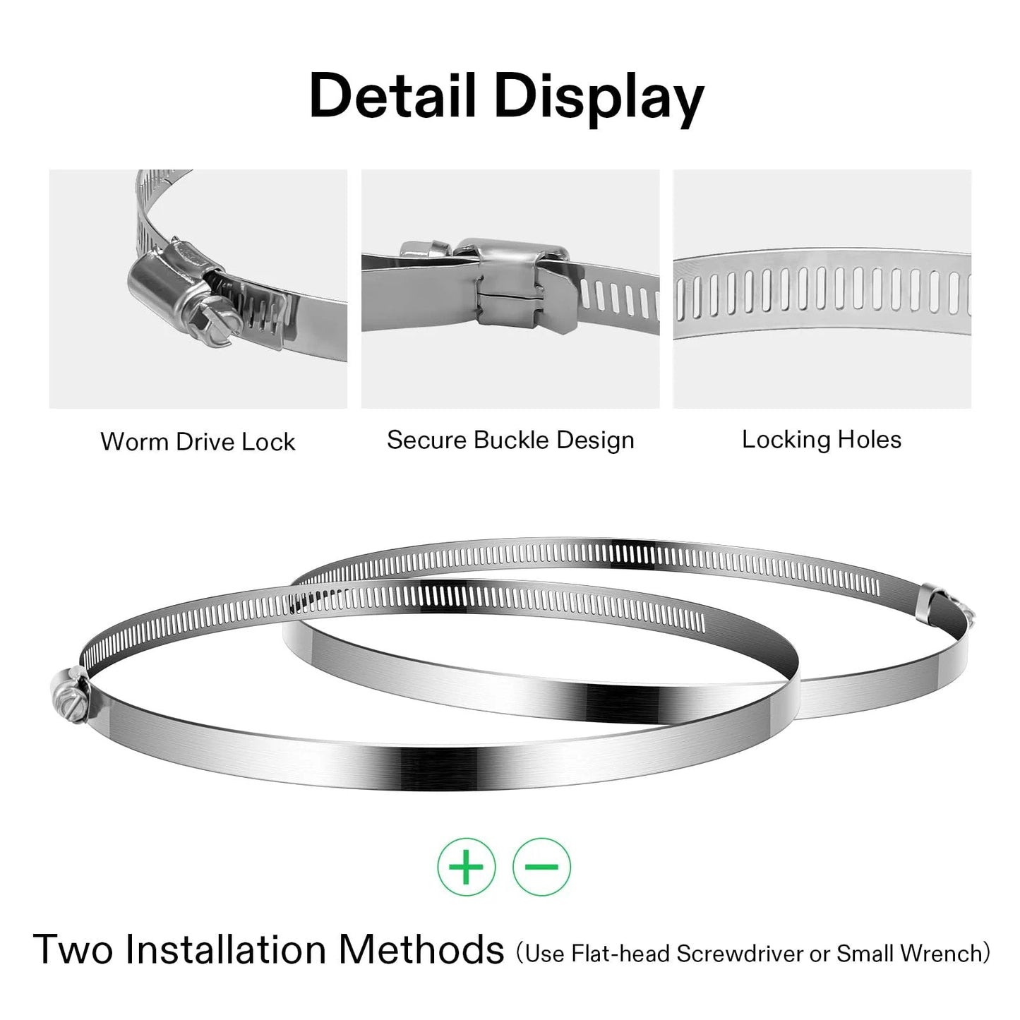 Beefy Stainless Steel Duct Clamps For Air Ducting And Ventilation, Adjustable Worm Drive Hose Clamps Fits 10 To 12.8 Inch Ducts, Rustproof Marine Grade Stainless, Pack Of 2 detail image showing worm drive lock, buckle design, and locking holes.