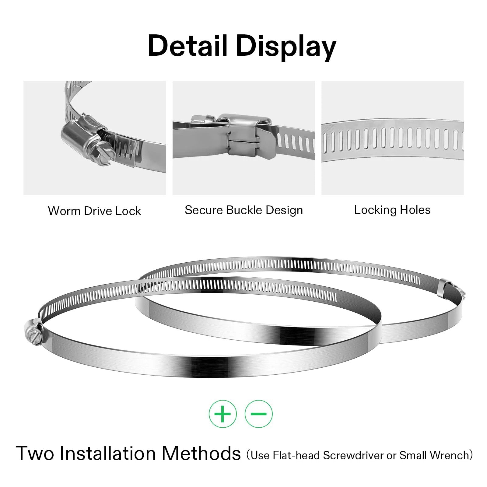 Beefy Stainless Steel Duct Clamps For Air Ducting And Ventilation, Adjustable Worm Drive Hose Clamps Fits 10 To 12.8 Inch Ducts, Rustproof Marine Grade Stainless, Pack Of 2 detail image showing worm drive lock, buckle design, and locking holes.