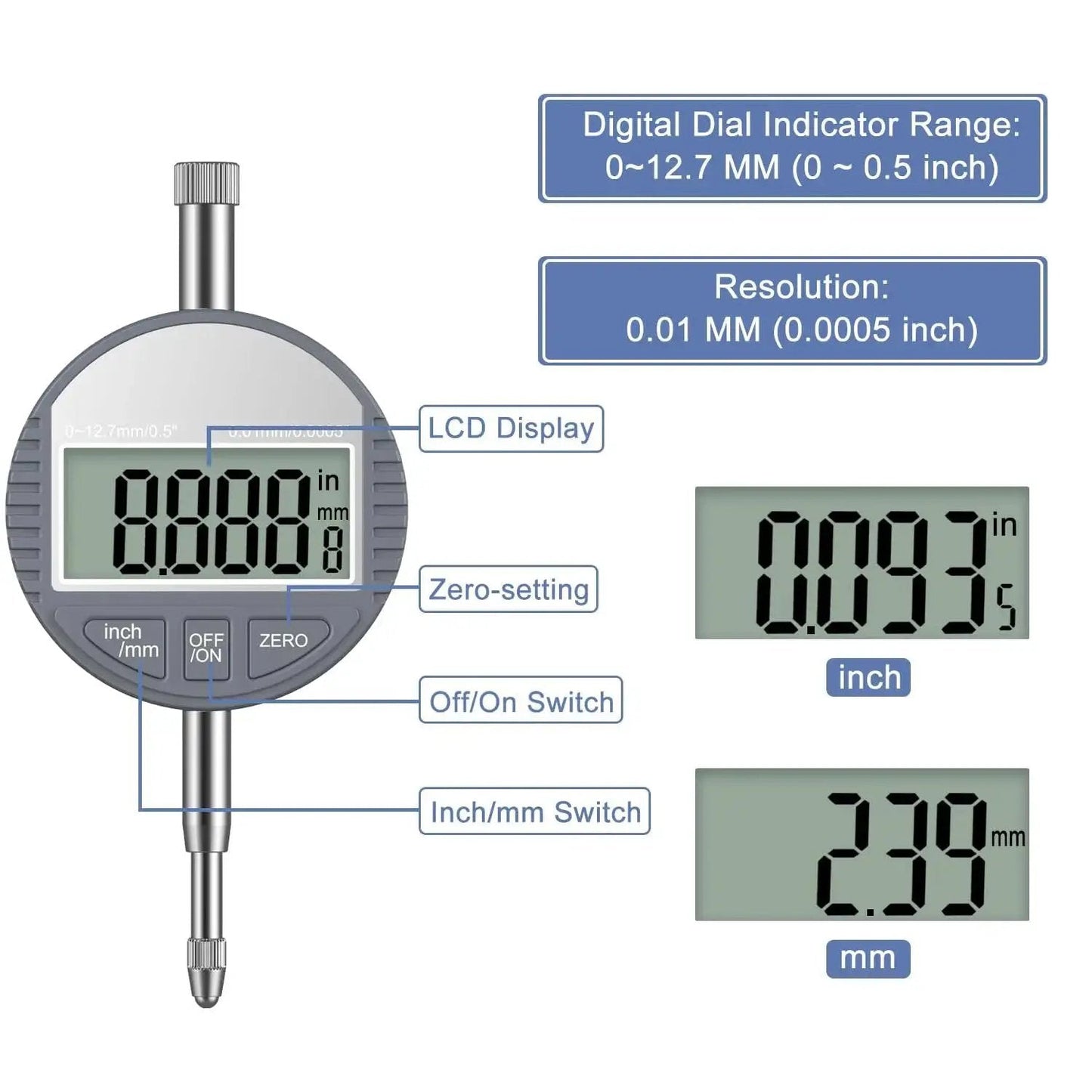 Digital Bore Gauge Set With LCD Dial Indicator for cylinder measurement showing size, range, and resolution details.