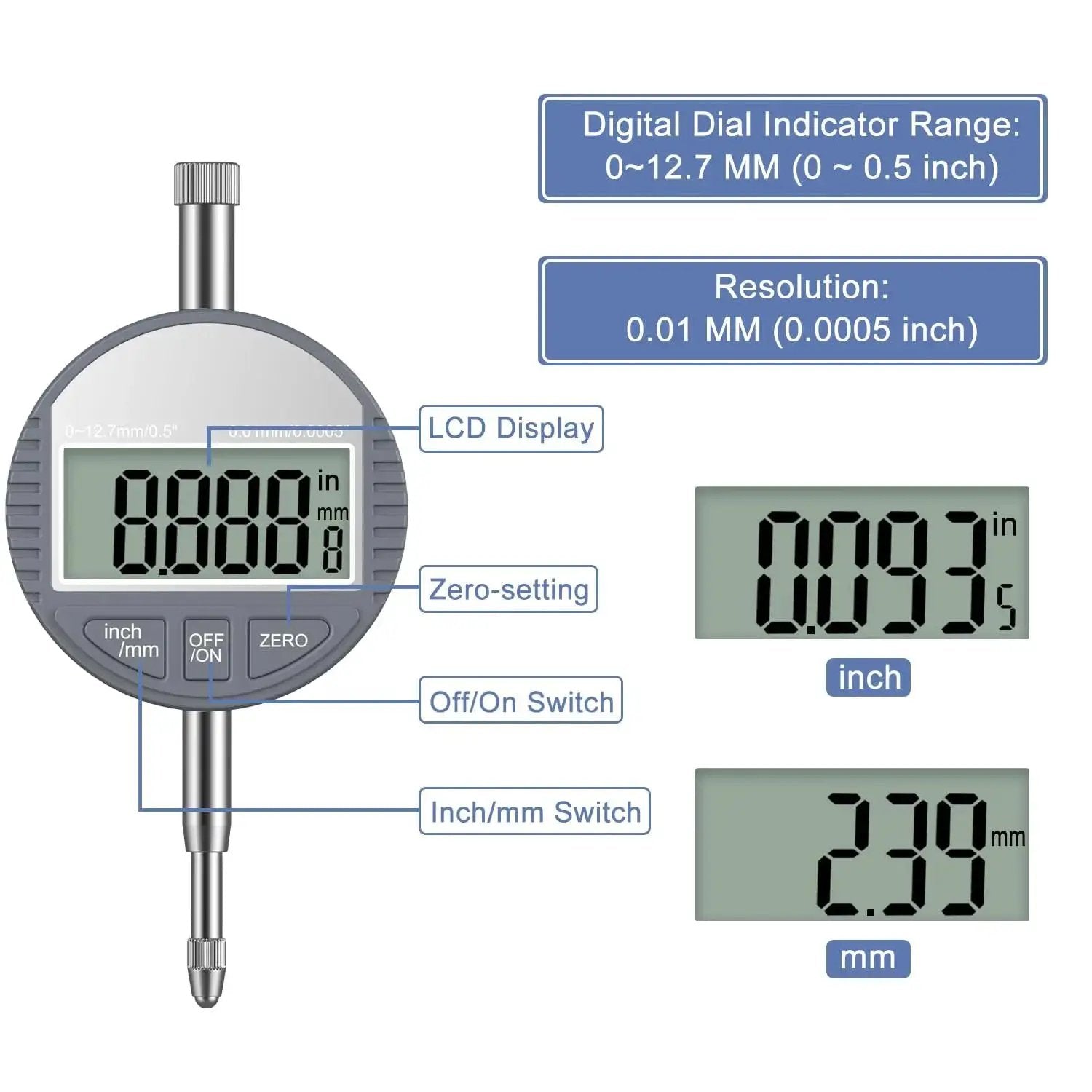 Digital Bore Gauge Set With LCD Dial Indicator for cylinder measurement showing size, range, and resolution details.