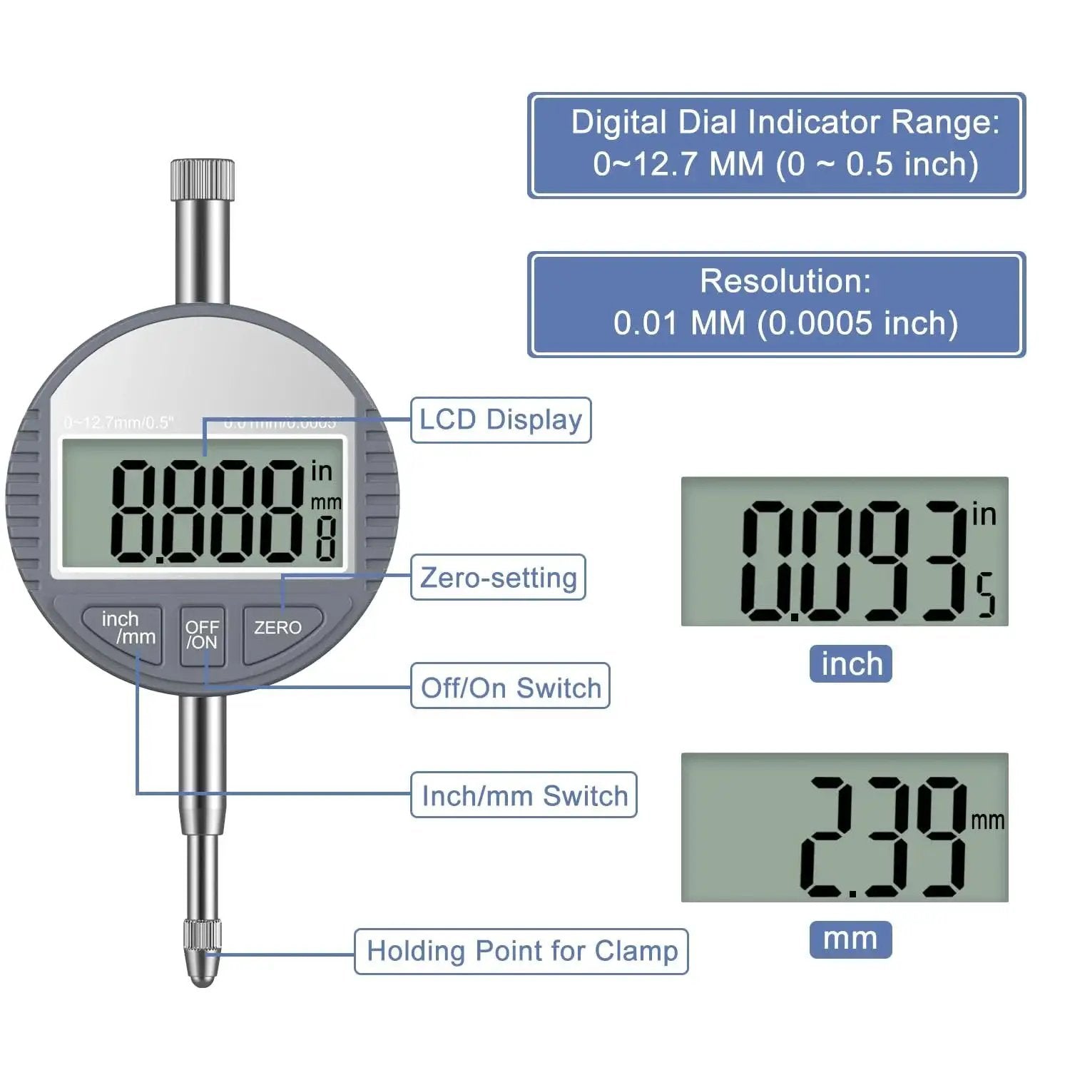Digital Bore Gauge Set With LCD Dial Indicator For Engines, 6 Inch Depth, Measuring Range 0.7 to 6 Inches, 0.0005 Inch Precision, 23 Anvils displayed with features labeled.