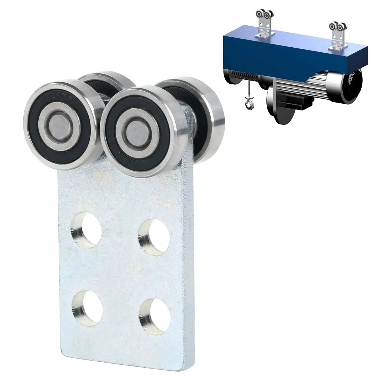 Four Wheel Trolley Roller Bearing Assembly for 1 5 8 Inch High Strut Channel mounted with hoist, close-up view