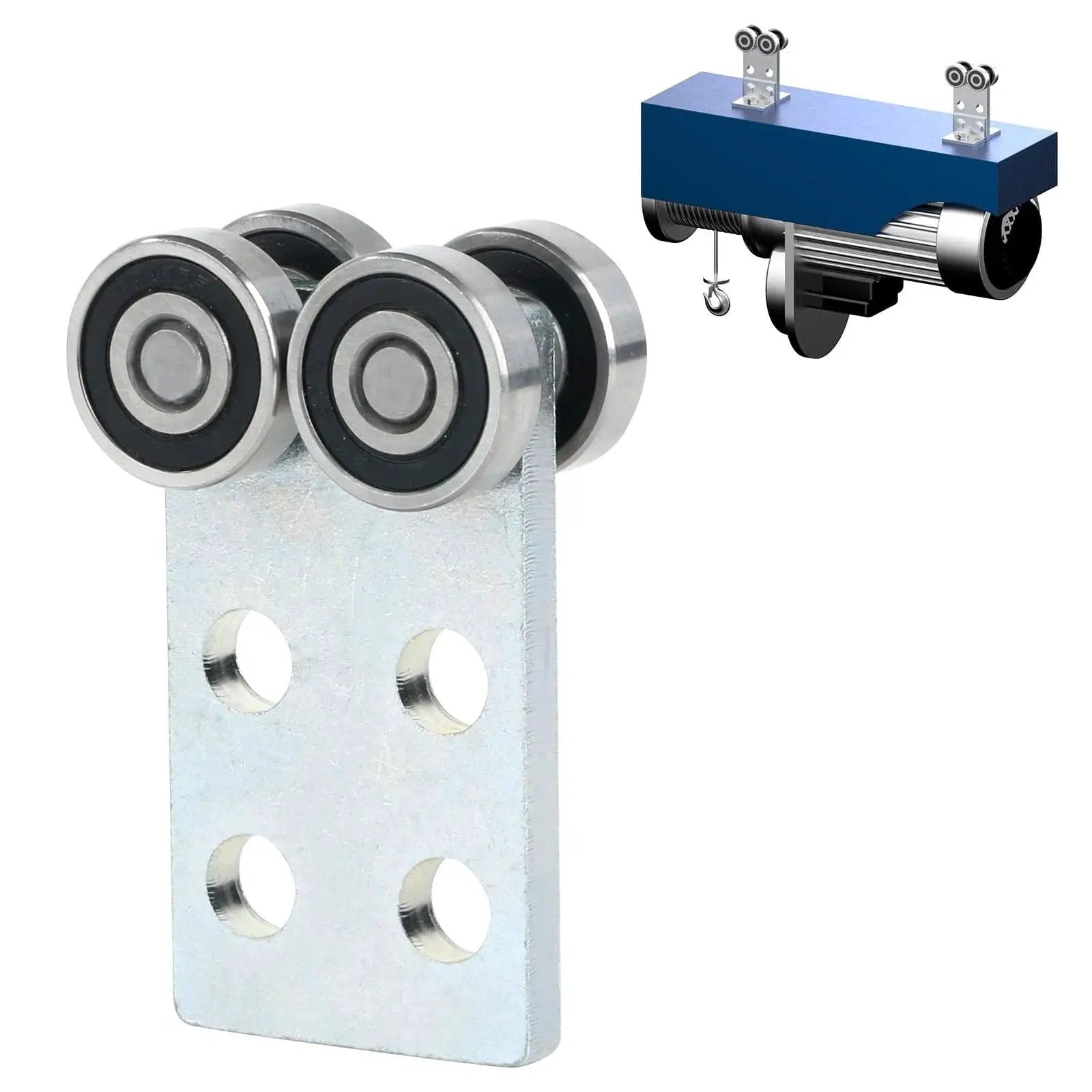 Four Wheel Trolley Roller Bearing Assembly for 1 5 8 Inch High Strut Channel mounted with hoist, close-up view