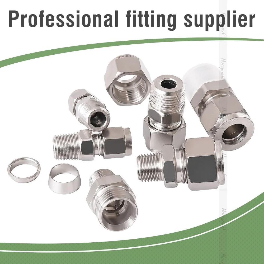 Stainless Steel 304 Compression Bulkhead Fitting 1 Quarter Inch OD Tube to 1 Quarter Inch NPT Male Connector, parts displayed