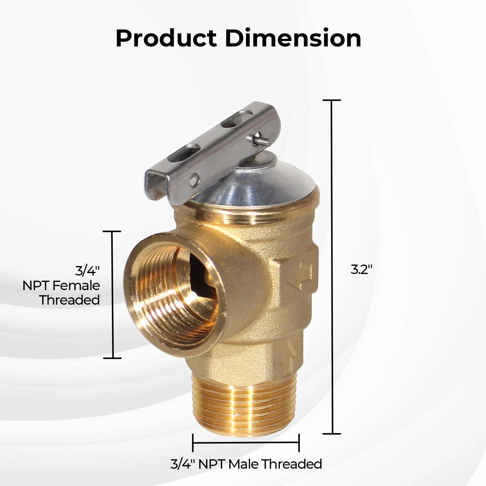 3/4 Inch NPT Brass Safety Relief Valve, 150 PSI Overpressure Protection, side view showing male and female threaded connections