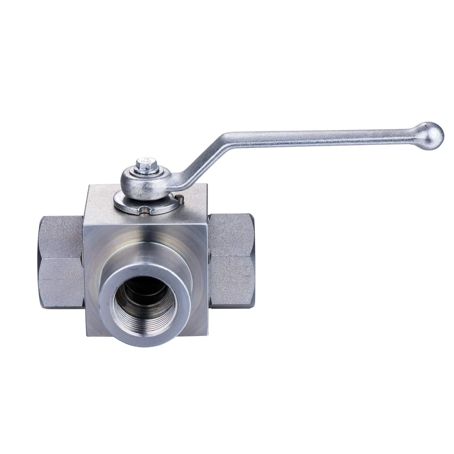 Front view of Heavy Duty Three Way Ball Valve Half Inch NPT Female L Bore KHB3K Hydraulic Valve For Water And Hydraulic Lines
