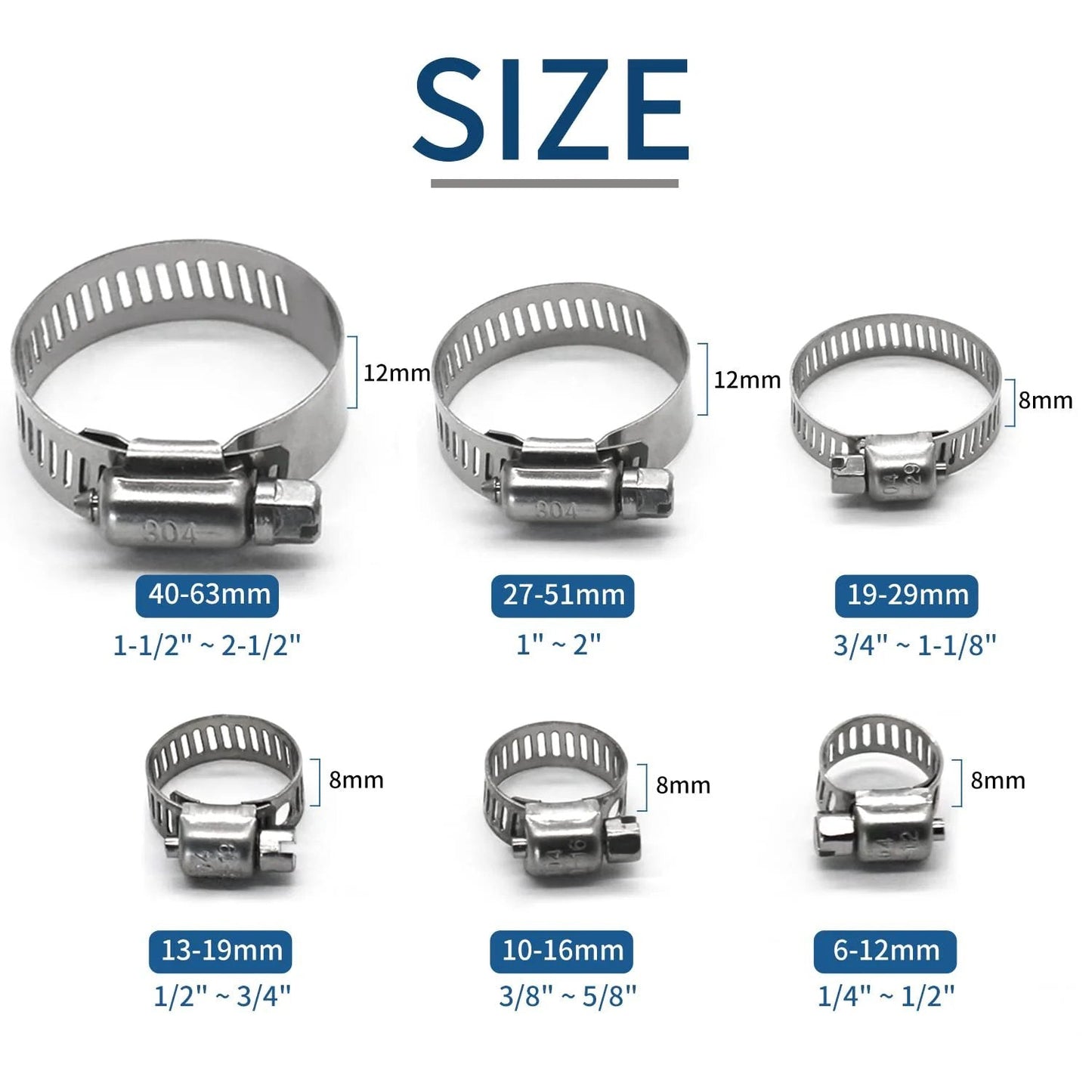 Heavy Duty 25 Pack Stainless Steel Hose Clamps, 1 Quarter to 1 Half Inch Worm Gear Metal Clamps, various sizes shown