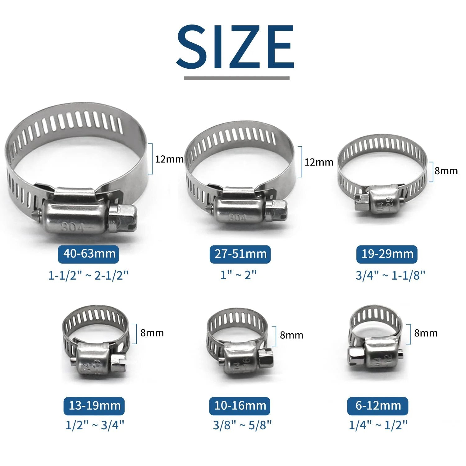Heavy Duty 25 Pack Stainless Steel Hose Clamps, 1 Quarter to 1 Half Inch Worm Gear Metal Clamps, various sizes shown