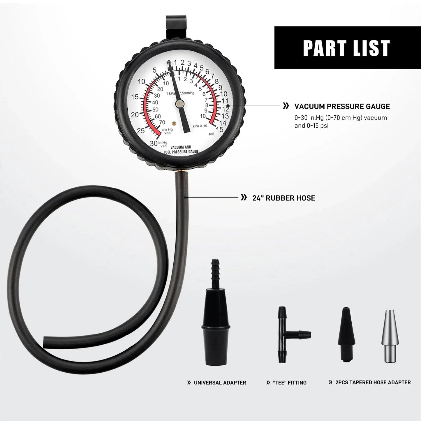 All In One Six Piece Vacuum Pressure Gauge Kit For Carburetors And Vacuum Systems That Simultaneously Measures Carburetor Pressure And Detects Vacuum Leaks With Multiple Size Adapters For Automotive And Motorcycle Diagnostics, showing gauge and adapters.
