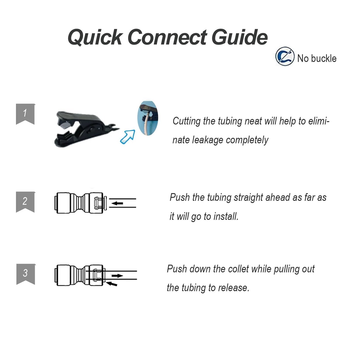 Quick connect guide for Ten Pack Quarter Inch Tee And Y Push Fit Fittings For RO Water Systems and Refrigerators, installation instructions