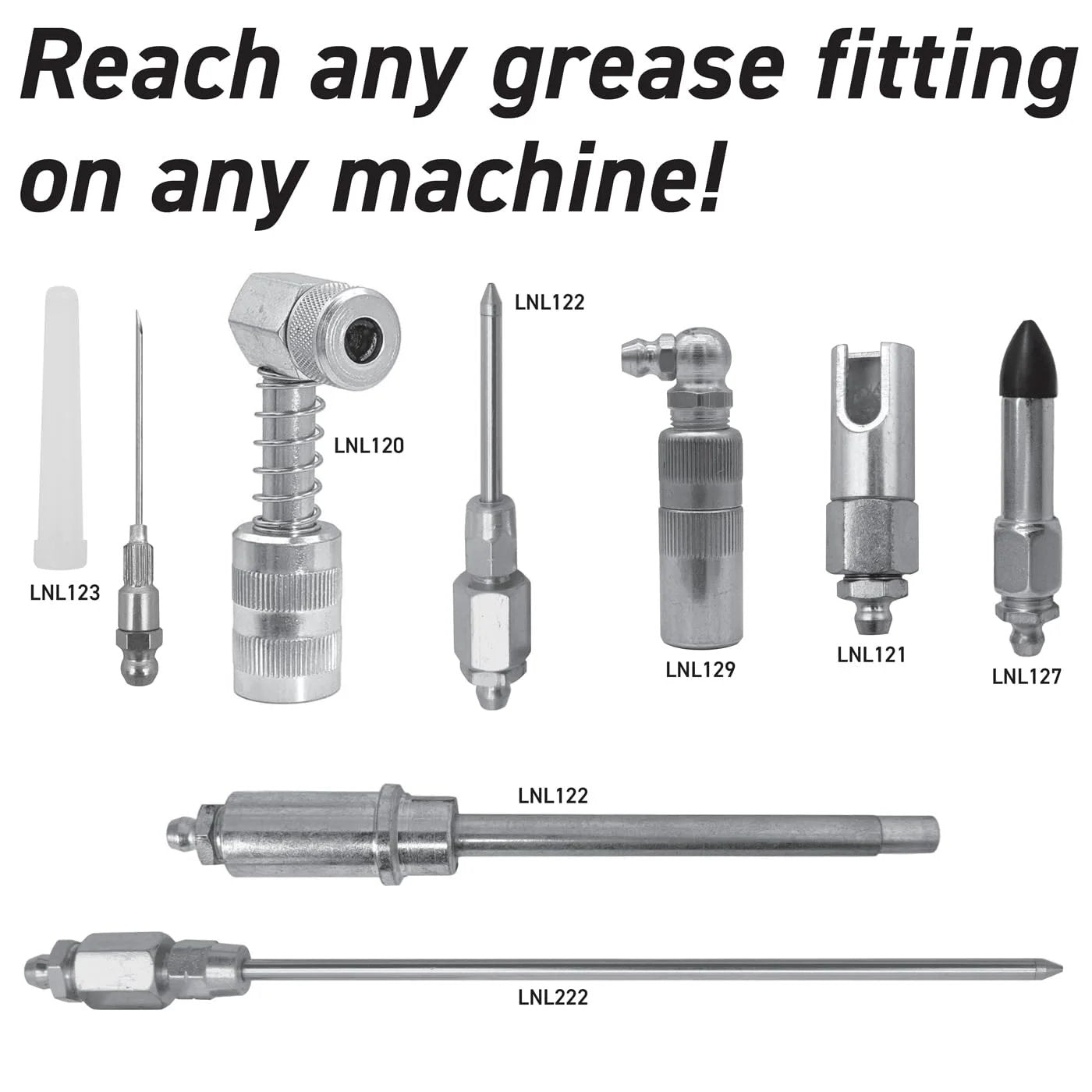 8 Piece Quick Connect Greasing Accessory Kit For Reaching Every Fitting On Any Machine With A Ripstop Case That Keeps Tools Clean And Portable Pro Grade Gear By LockNLube, showing various metal adapters and fixtures.