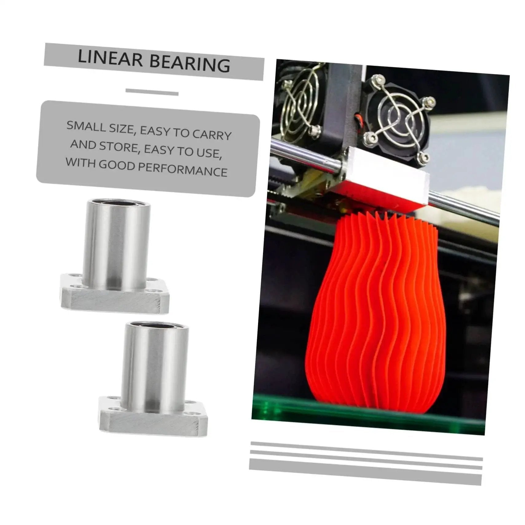 Two Pack Flange Linear Bearings for 3D Printers, Steel Circular Flange Bearings with 3D printer close-up, high precision motion