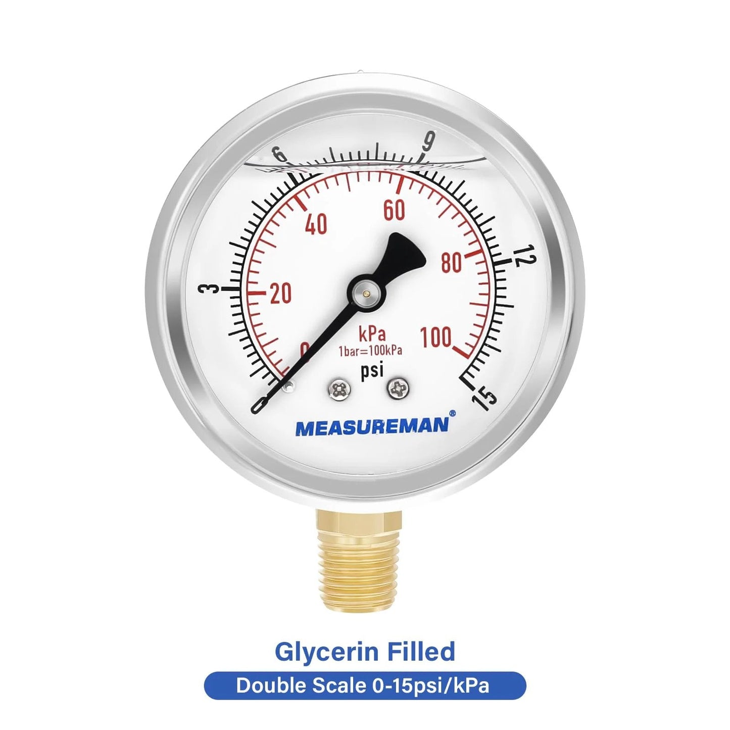 Front view of Heavy Duty Liquid Filled Air Gauge Kit for Portable Oil Fired Heaters 0 to 15 PSI, glycerin-filled dial.