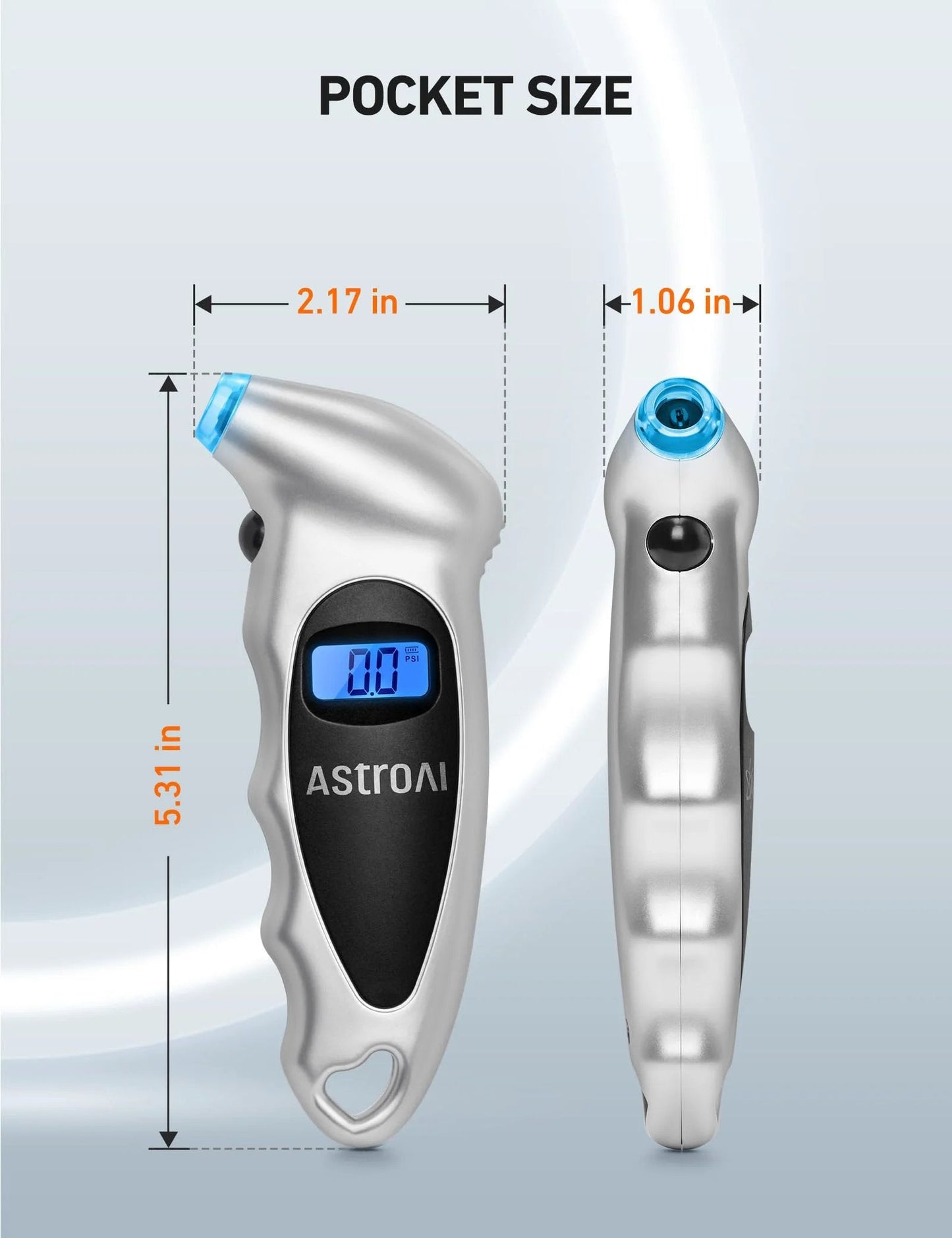 Digital Tire Pressure Gauge With Backlit LCD For Cars, Trucks And Bicycles Calibrated To ANSI B40.7 Plus Or Minus 1 PSI 0 To 150 PSI Range Four Units Of Measure Presta Valve Adapter Silver 2 Pack AstroAI, showing front and side dimensions