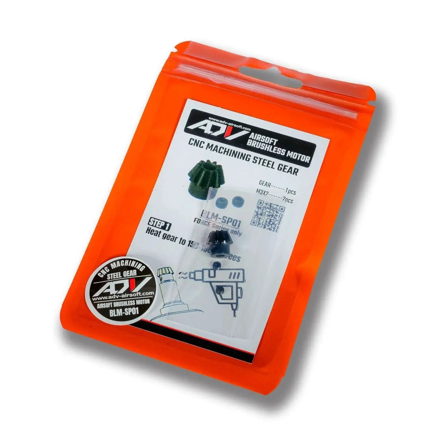 Package of CNC Machining Steel Gear for Airsoft with orange zipper bag and label showing ADV logo and product instructions