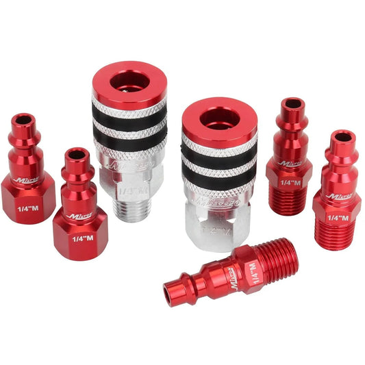 Colorfit M Style Coupler And Plug Kit With Rubber Bumpers 7 Piece Heavy Duty Set For Quarter Inch NPT Quick Connect Hose Fittings For Air Tools And Compressors Milton Compatible, showing red steel plugs and couplers.