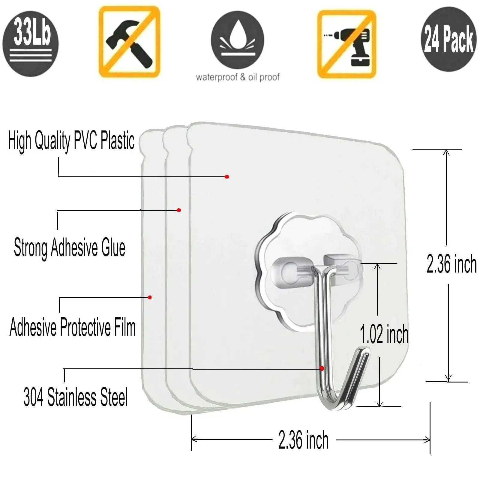 Heavy Duty Self Adhesive Hooks 33Lb Max Transparent Waterproof Wall Hooks for Keys Bathroom, showing dimensions and material