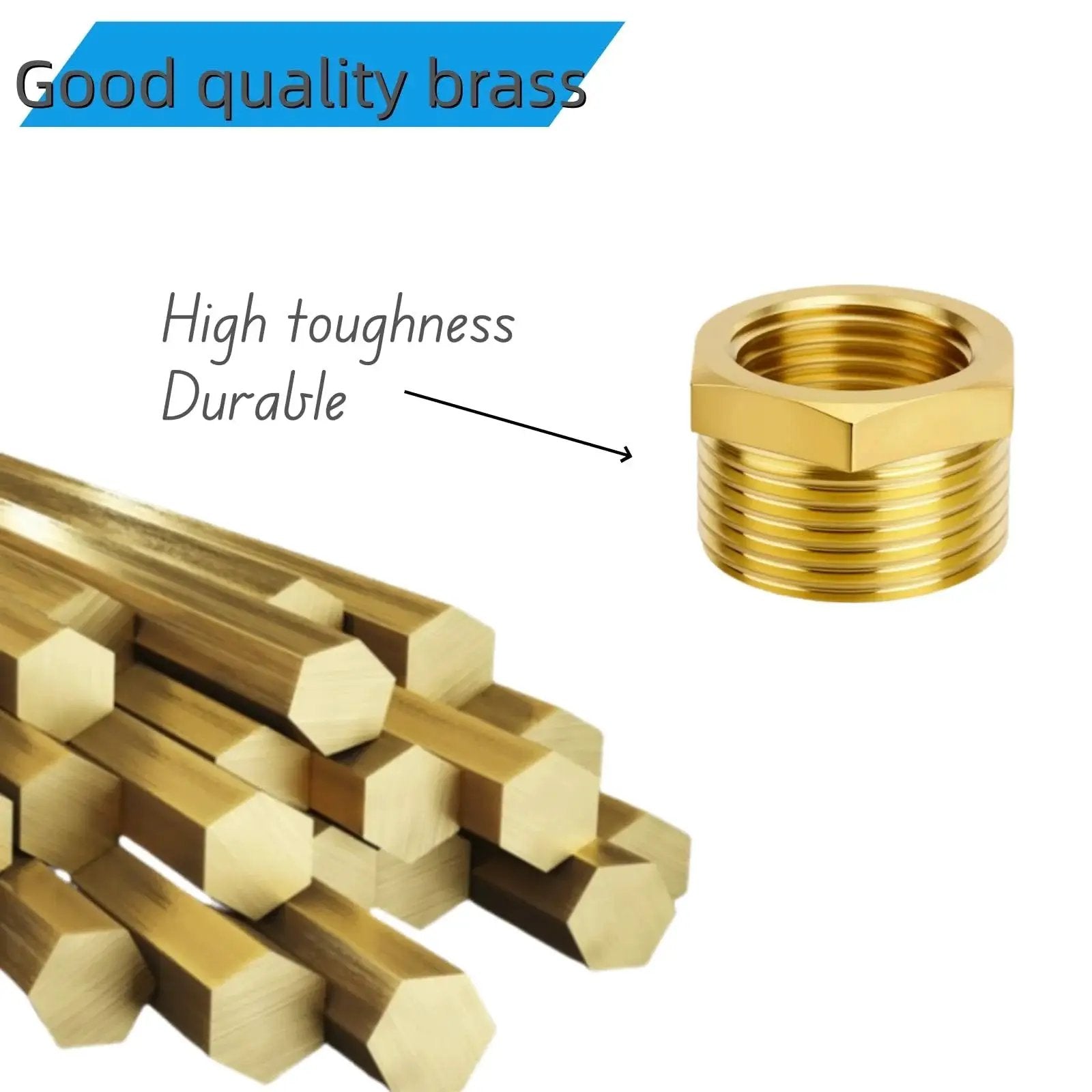 Brass Reducer Hex Bushing Pack Of Four Three Quarter Inch NPT Male To Half Inch NPT Female Heavy Duty with brass rods and features